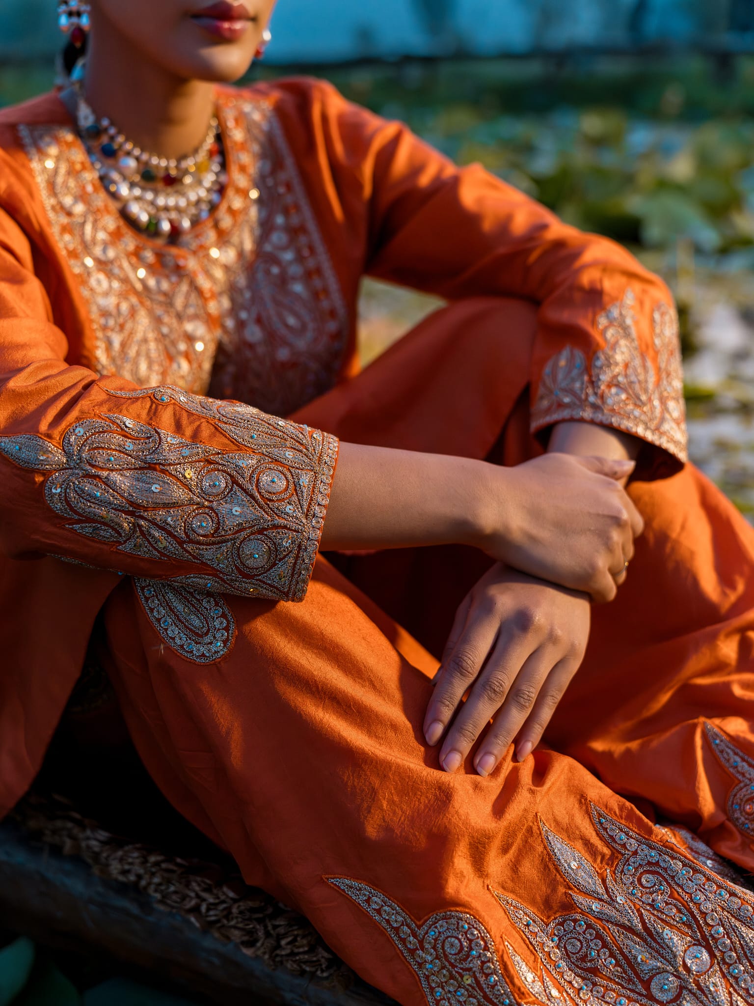 Rust Tilla Embroidered Round Kameez Farshi Salwar Tissue Dupatta