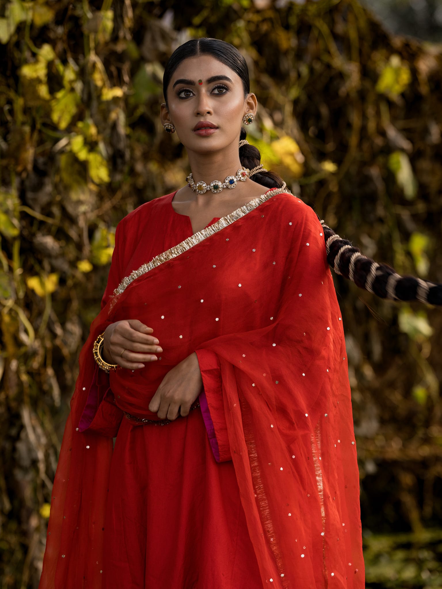 Red Pheran Salwar Organza Mukaish Dupatta