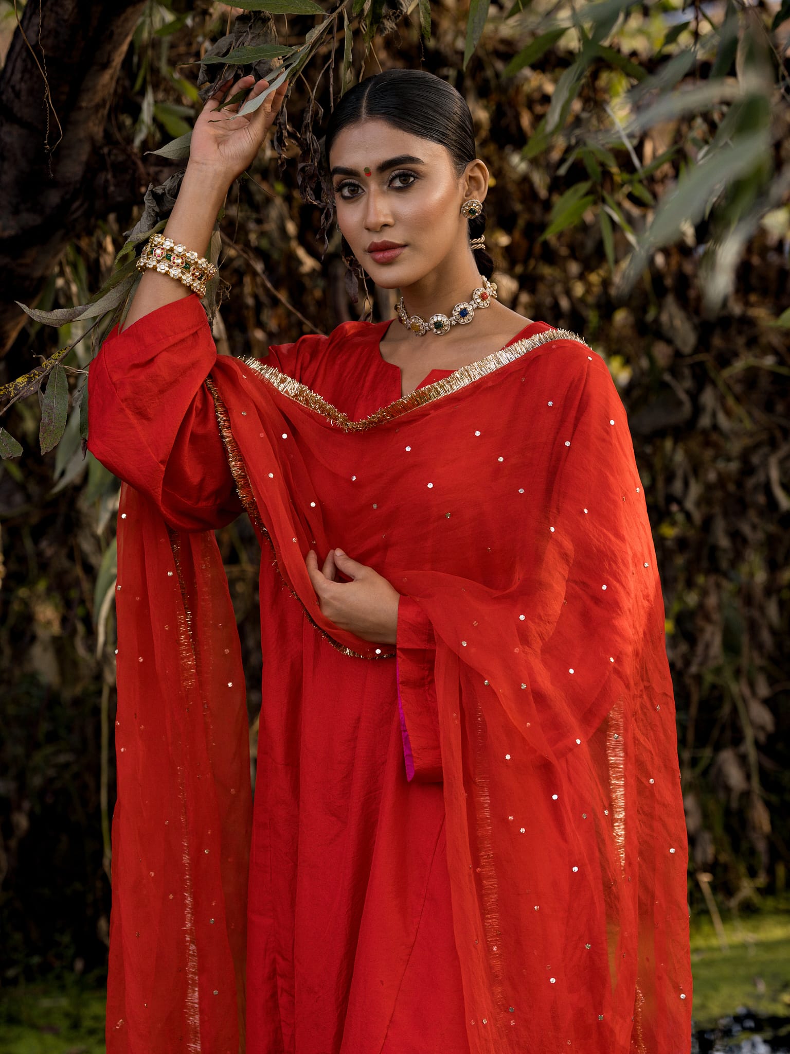 Red Pheran Salwar Organza Mukaish Dupatta