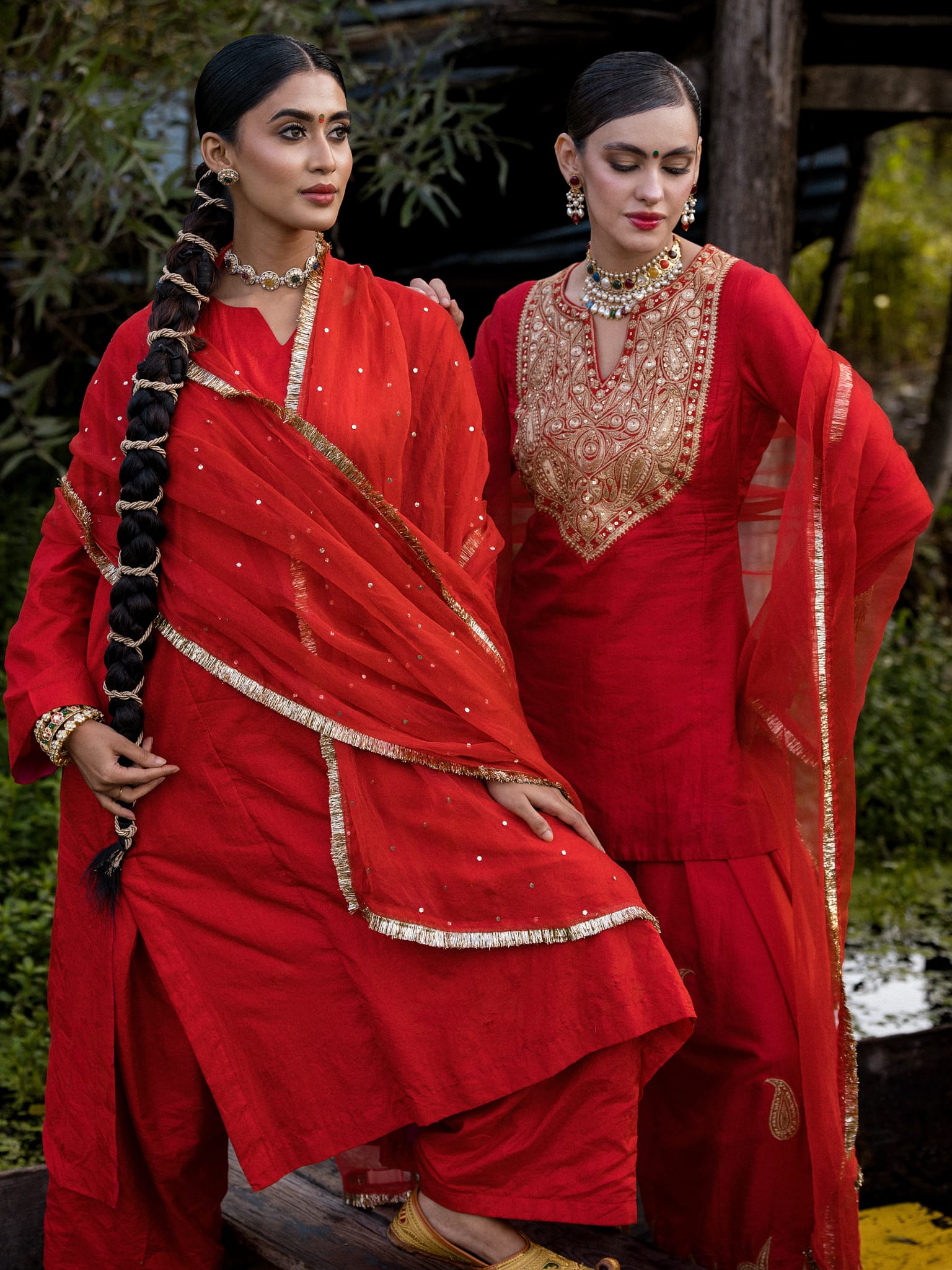 Red Tilla Embroidered Kameez Farshi Salwar Organza Dupatta