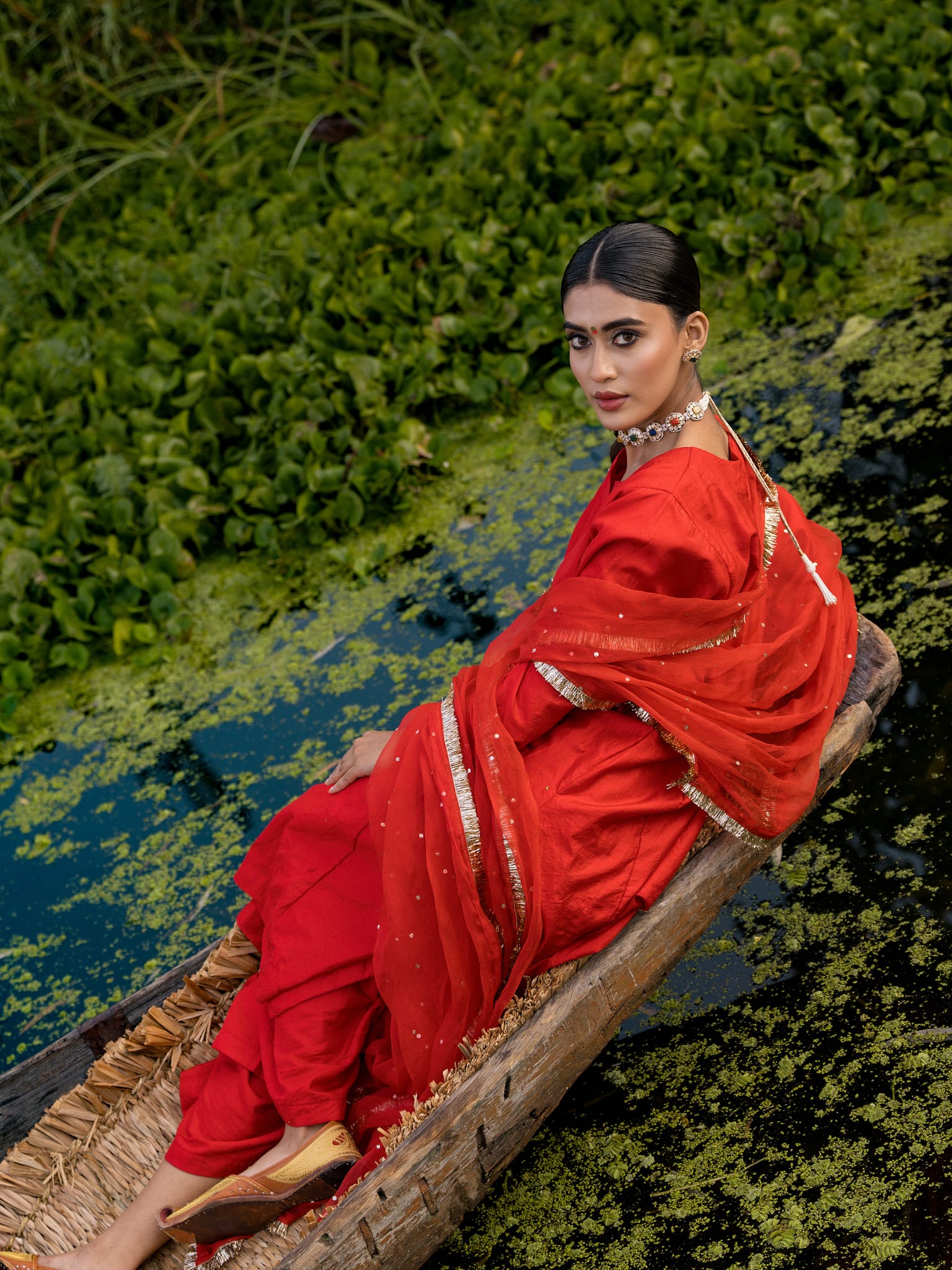 Red Pheran Salwar Organza Mukaish Dupatta