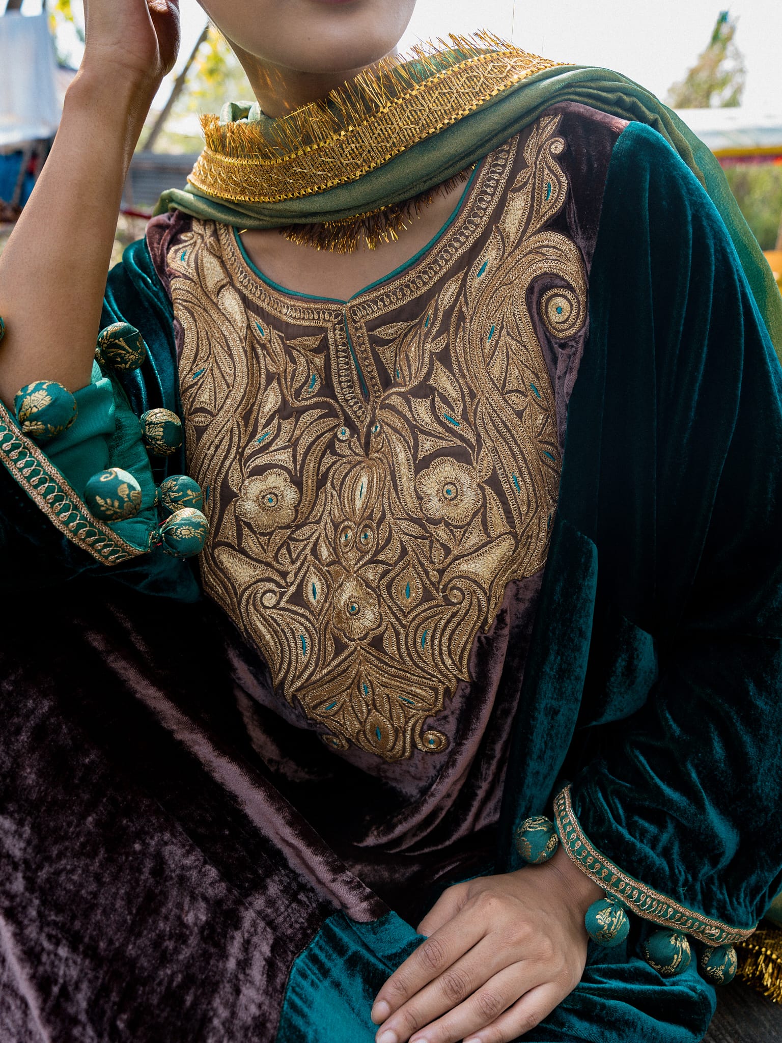 Green & Brown Tilla Embroidered Pheran Salwar Tissue Dupatta