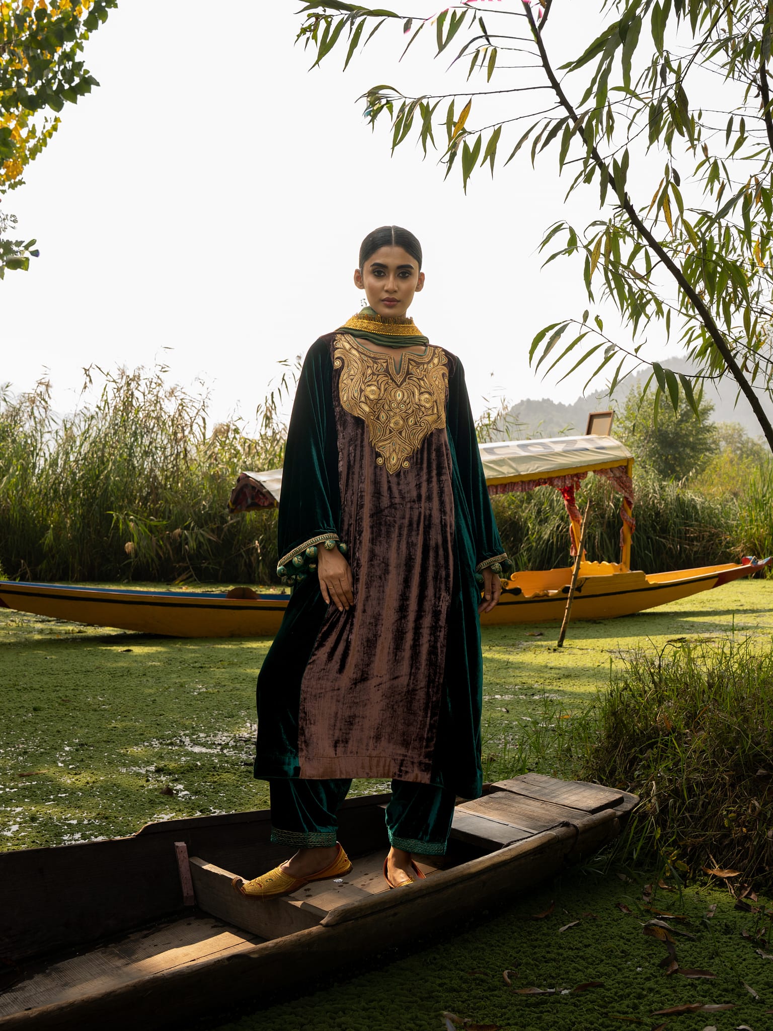 Green & Brown Tilla Embroidered Pheran Salwar Tissue Dupatta
