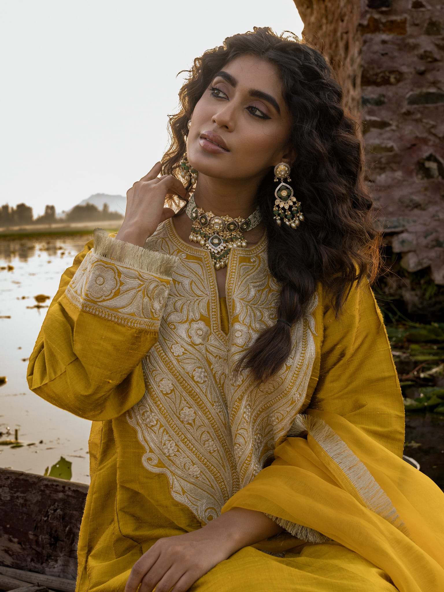 Mustard Tilla Embroidered Pheran Farshi Salwar Organza Dupatta