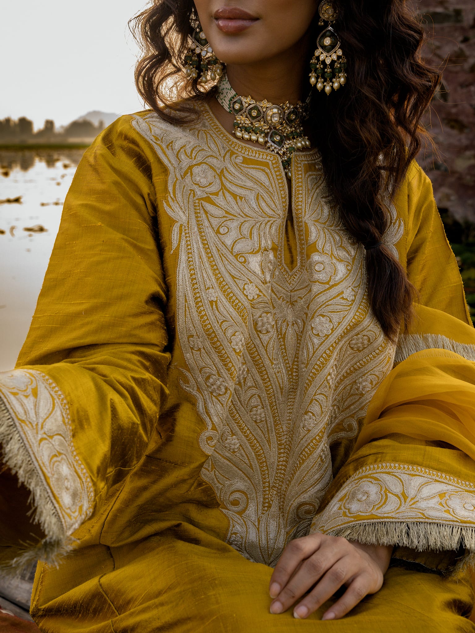 Mustard Tilla Embroidered Pheran Farshi Salwar Organza Dupatta