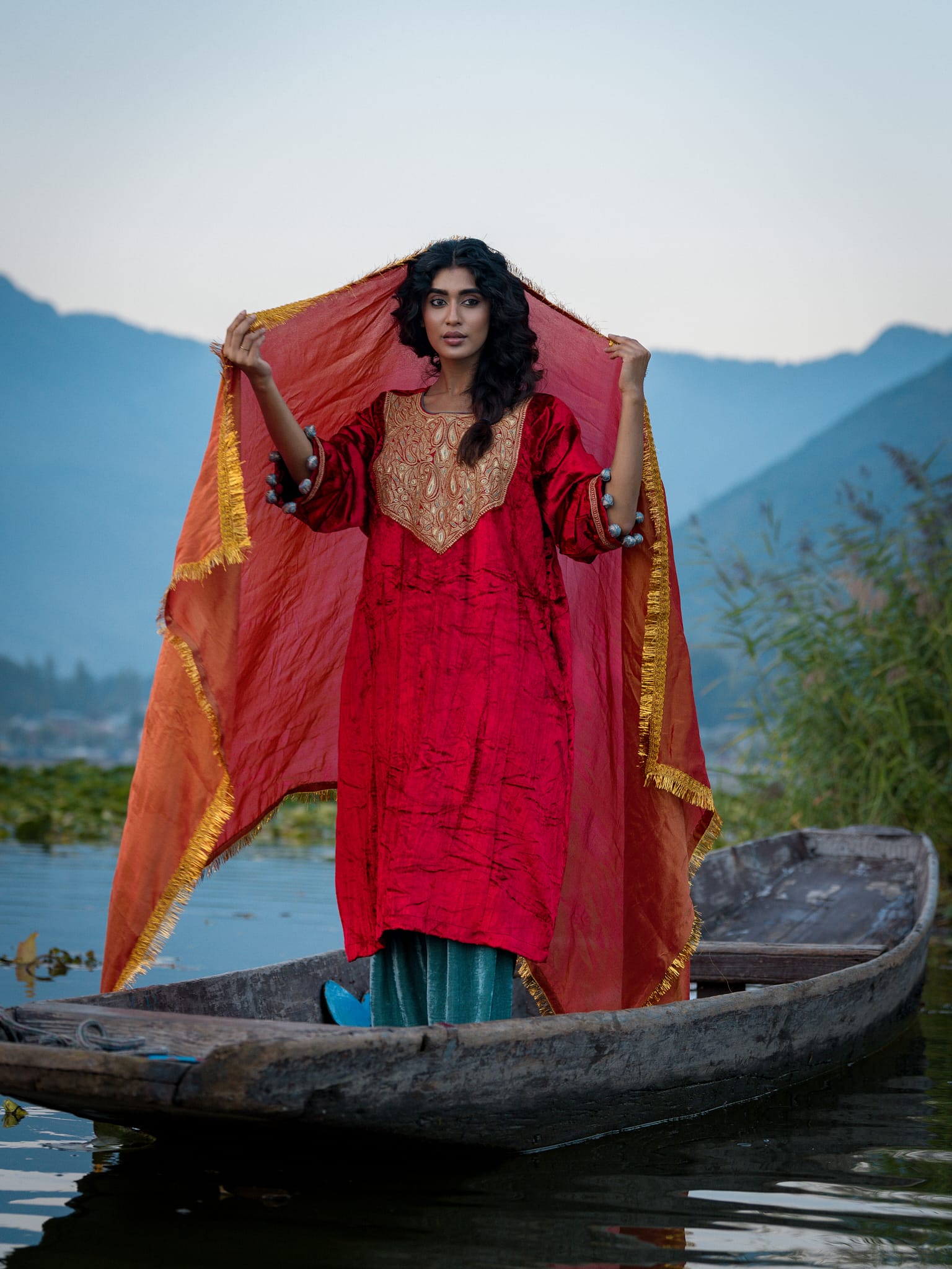 Green & Rust Tilla Embroidered Pheran Salwar Tissue dupatta