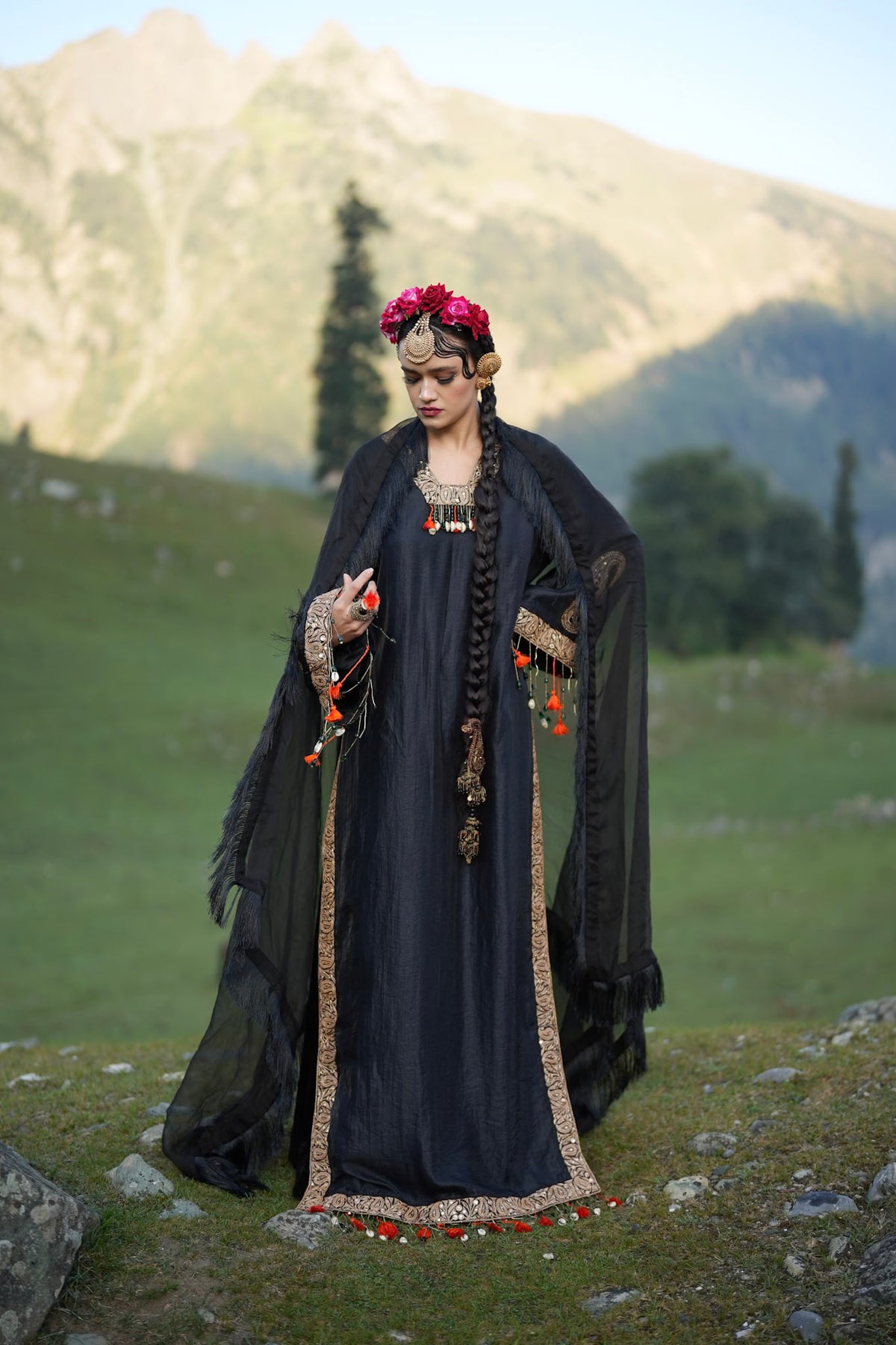 Black Embroidered High Slit Kurta Pants with Dupatta