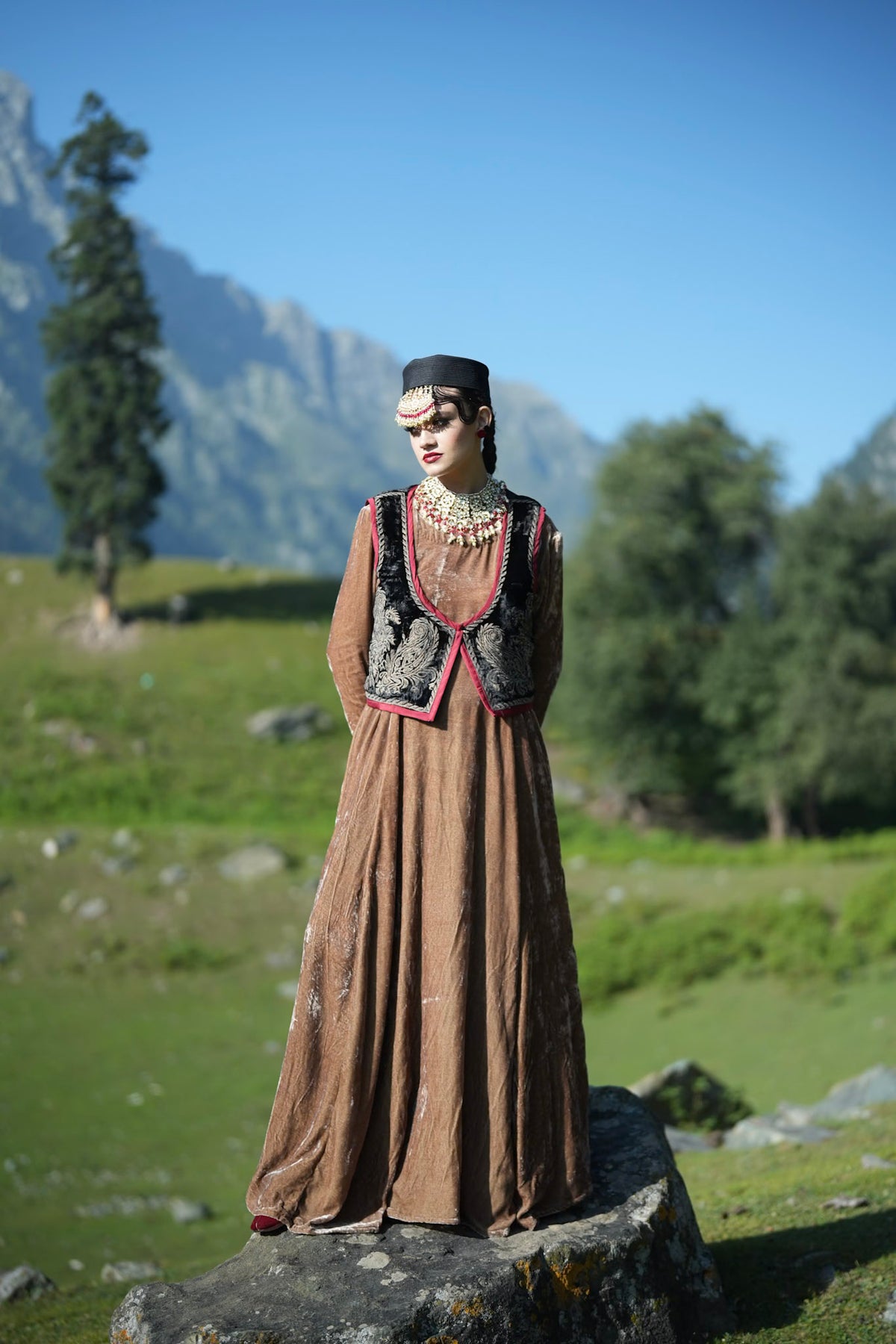 Brown Embroidered Long Kalidar with Embroidered Waistcoat and Dupatta