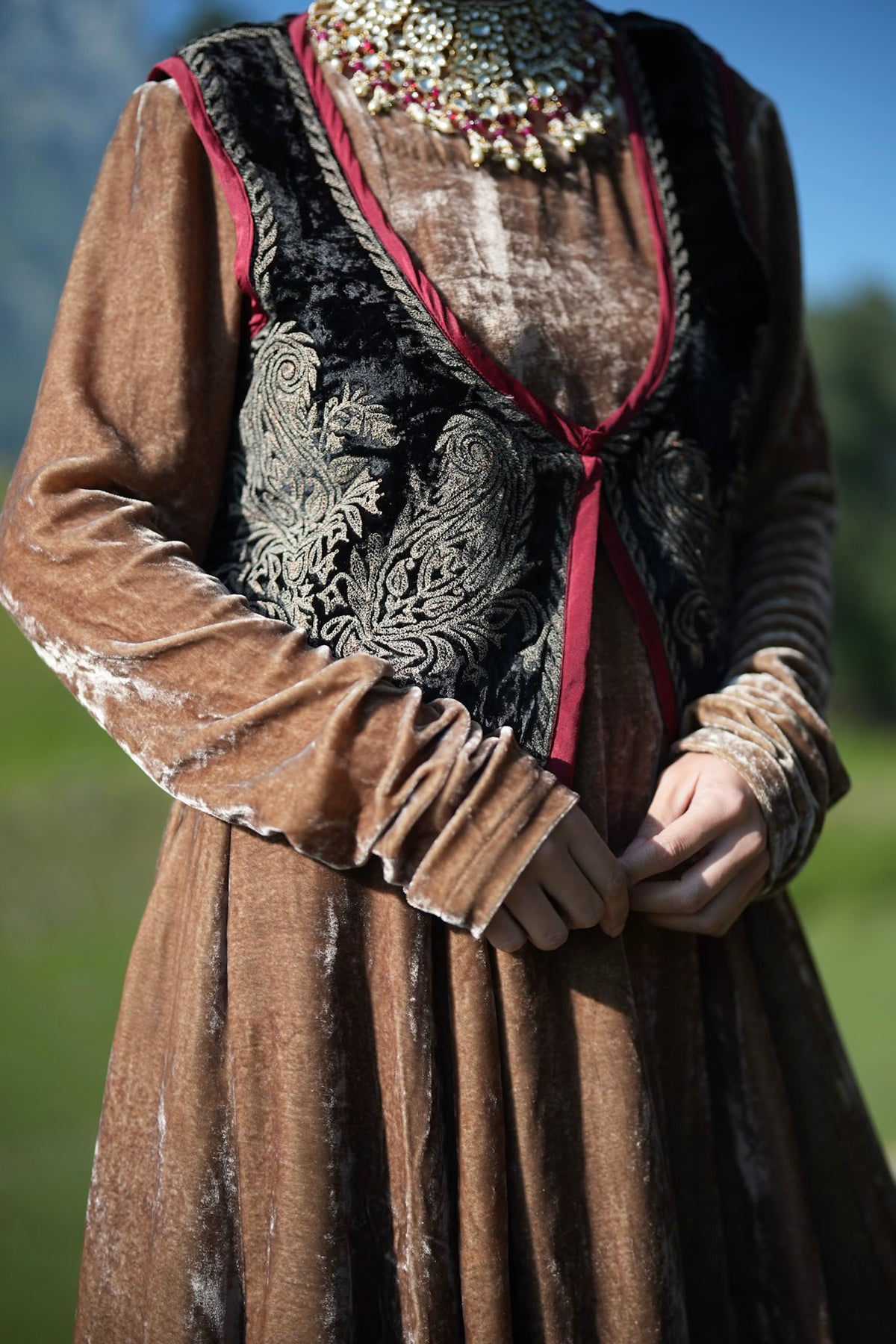 Brown Embroidered Long Kalidar with Embroidered Waistcoat and Dupatta