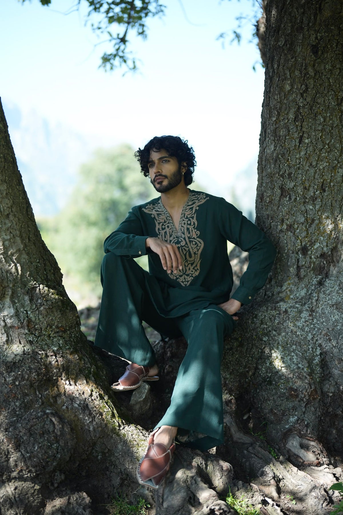 Green Antique Color Tilla Embroidered Kurta Salwar