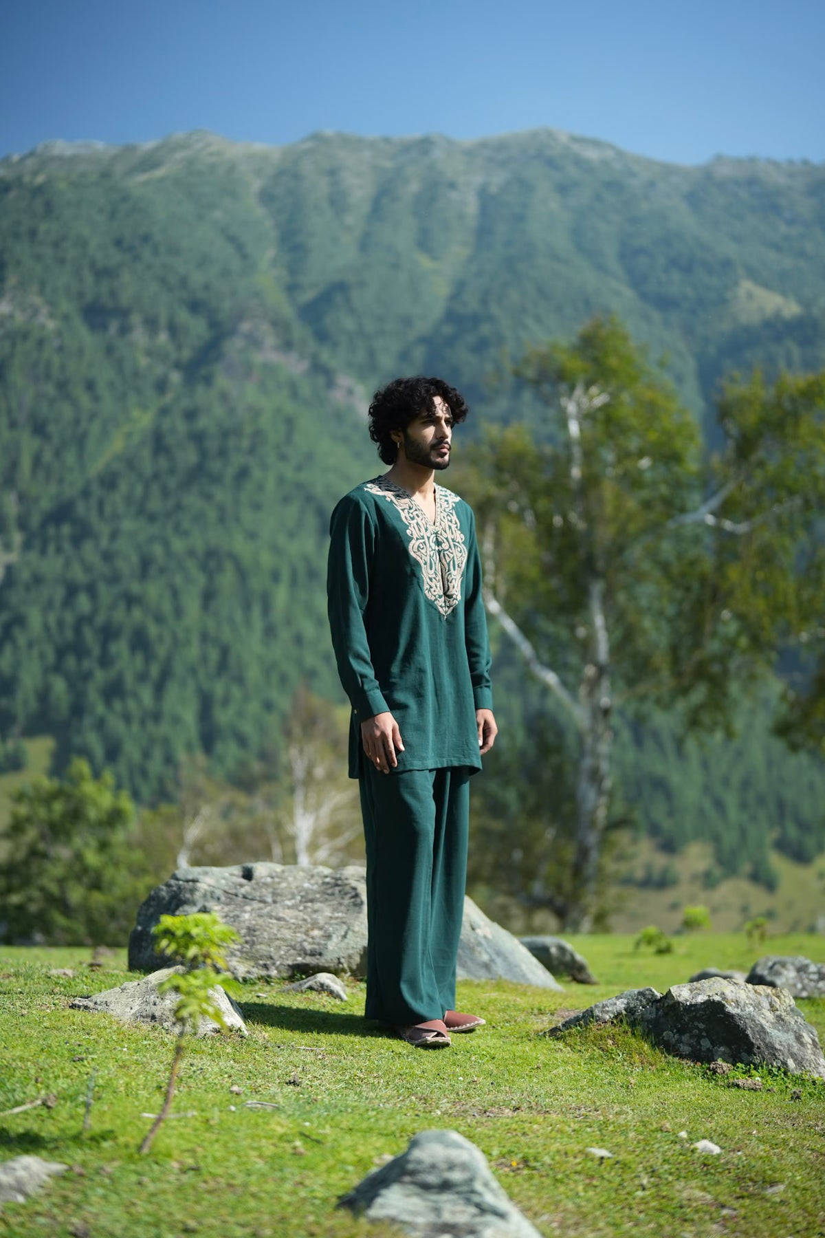 Green Antique Color Tilla Embroidered Kurta Salwar