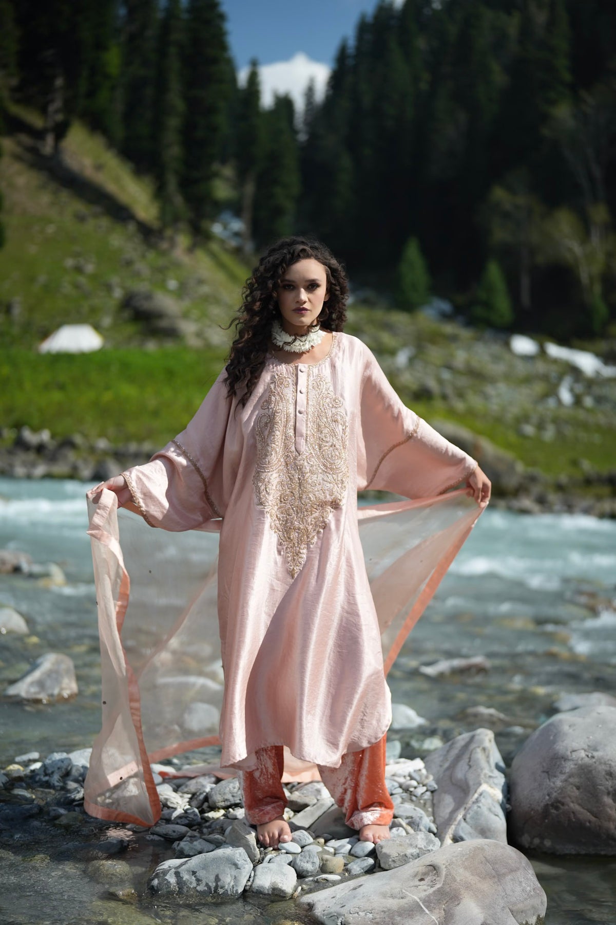 Dusty Pink Rose Embroidered Pheran Farshi Salwar with Dupatta