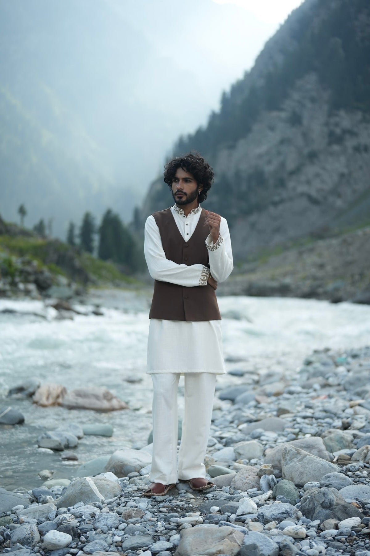 White Antique Colour Tilla Embroidered Kurta Salwar with Waist Coat