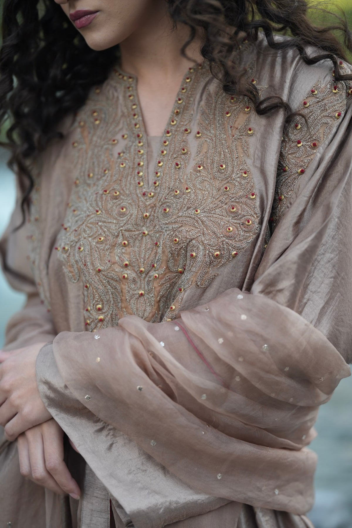 Brown Embroidered Pheran Salwar with Dupatta