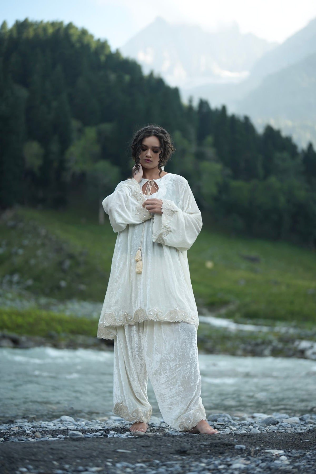 White Embroidered Round Pheran Farshi Salwar with Dupatta