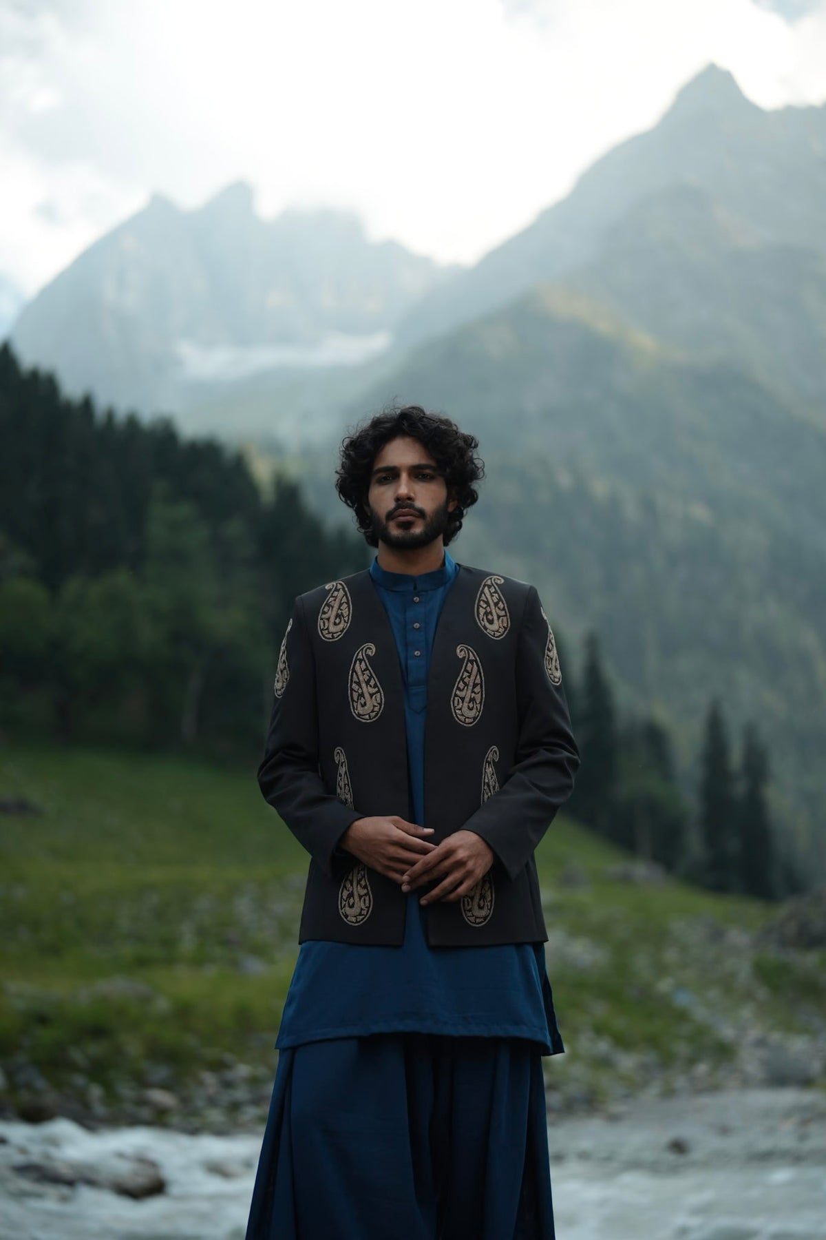 Blue Kurta Farshi Salwar with Black Tilla Embroidered Coat