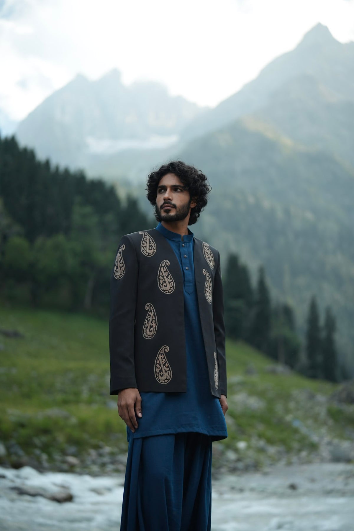 Blue Kurta Farshi Salwar with Black Tilla Embroidered Coat