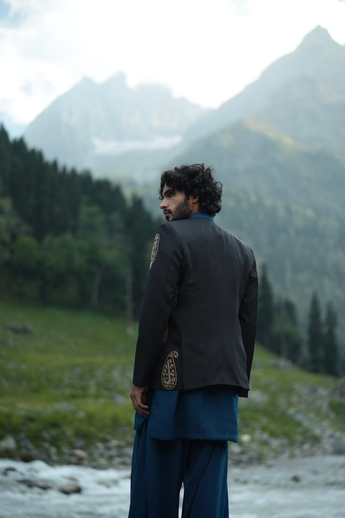 Blue Kurta Farshi Salwar with Black Tilla Embroidered Coat