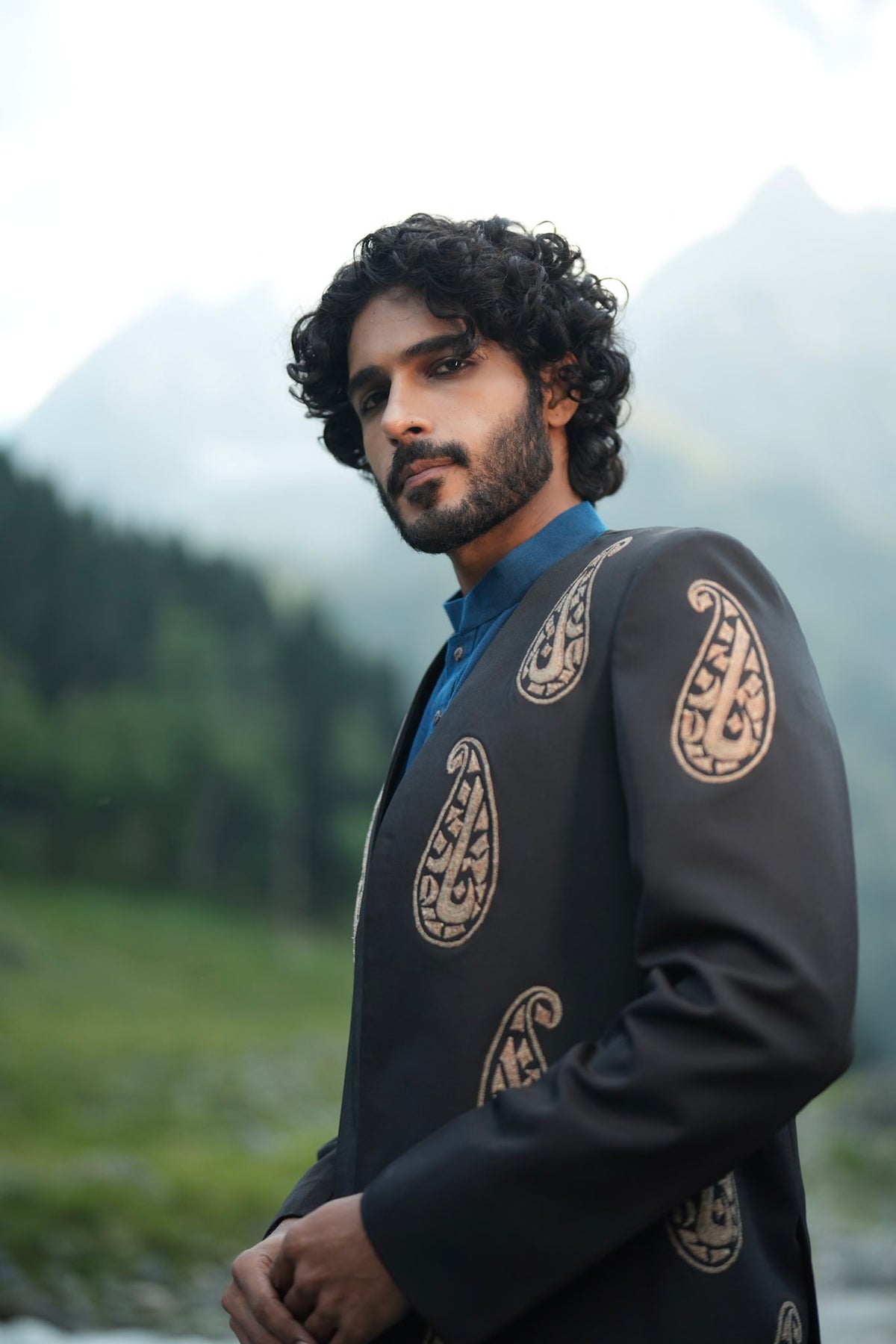 Blue Kurta Farshi Salwar with Black Tilla Embroidered Coat