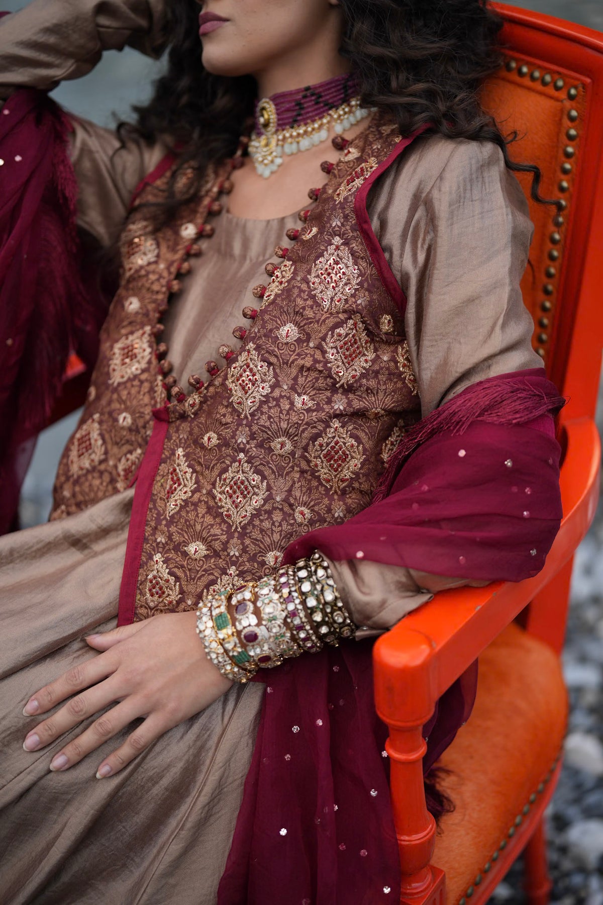 Brown Embroidered Long Kalidar with Embroidered Waistcoat and Dupatta