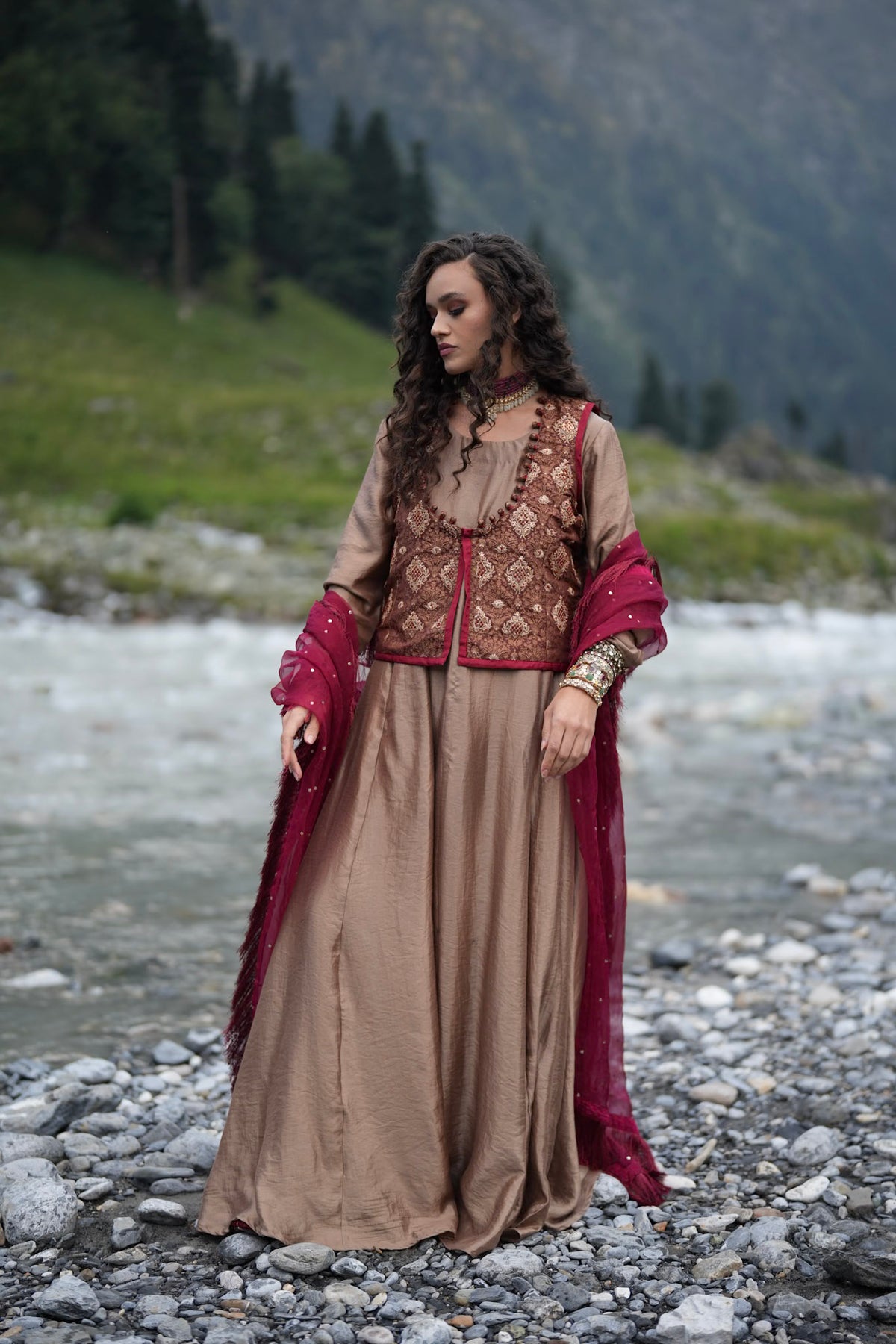 Brown Embroidered Long Kalidar with Embroidered Waistcoat and Dupatta