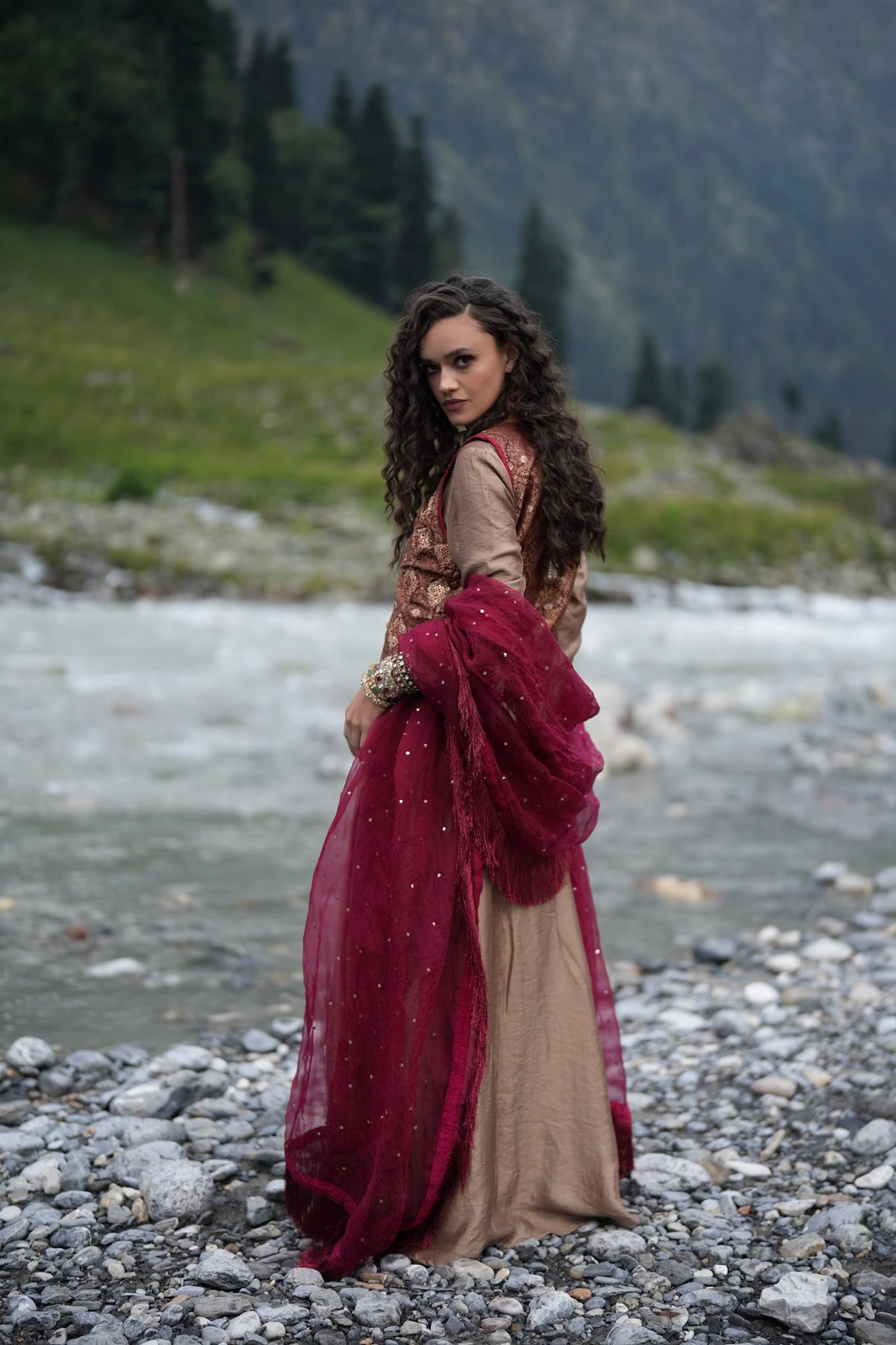 Brown Embroidered Long Kalidar with Embroidered Waistcoat and Dupatta