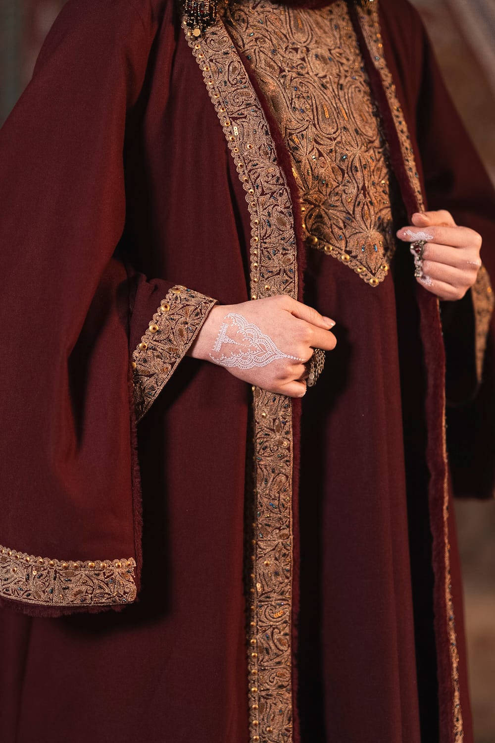Maroon Tilla and Hand Embroidered Reversible Cape