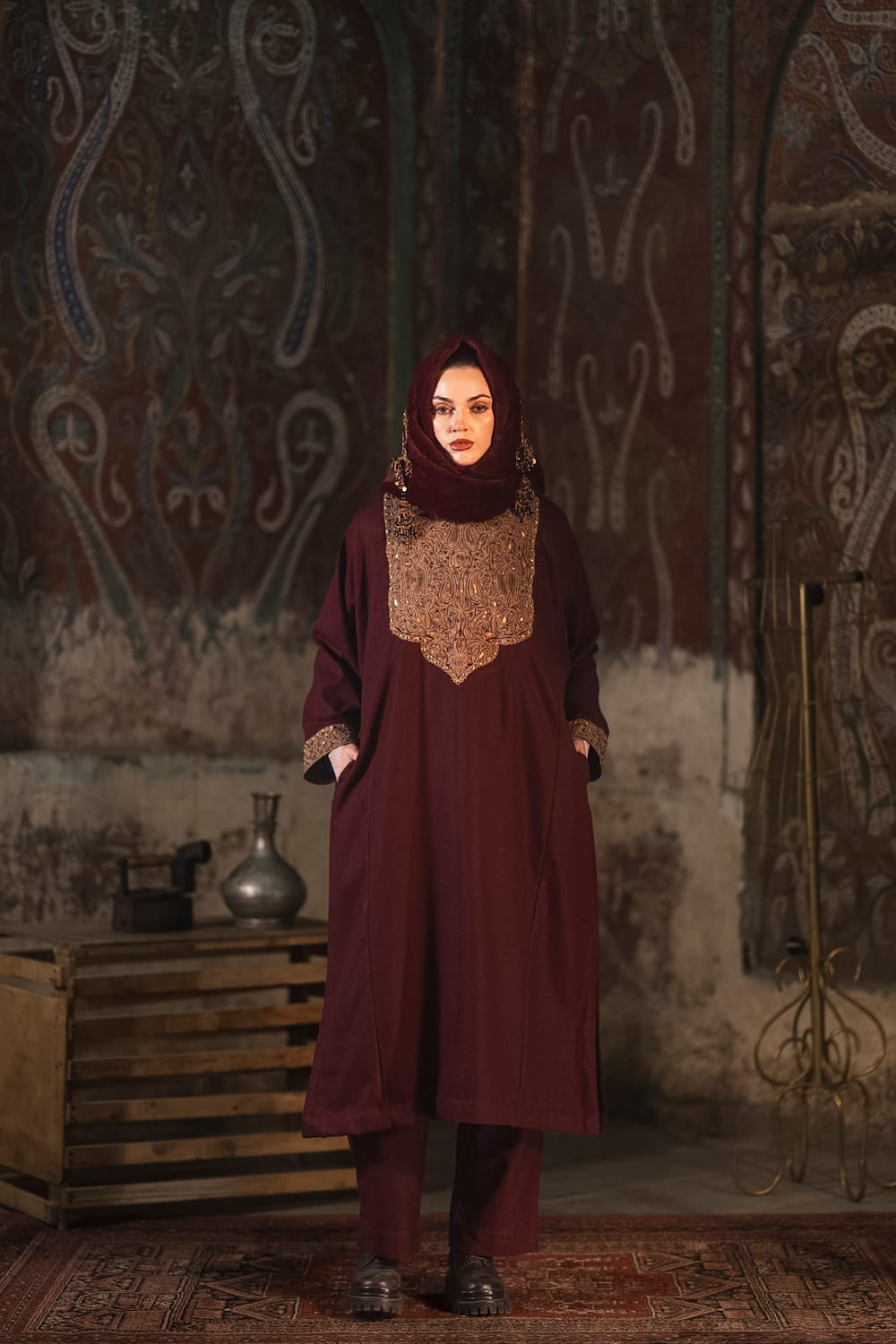 Maroon Tilla and Hand Embroidered Pheran Pants Reversible Cape
