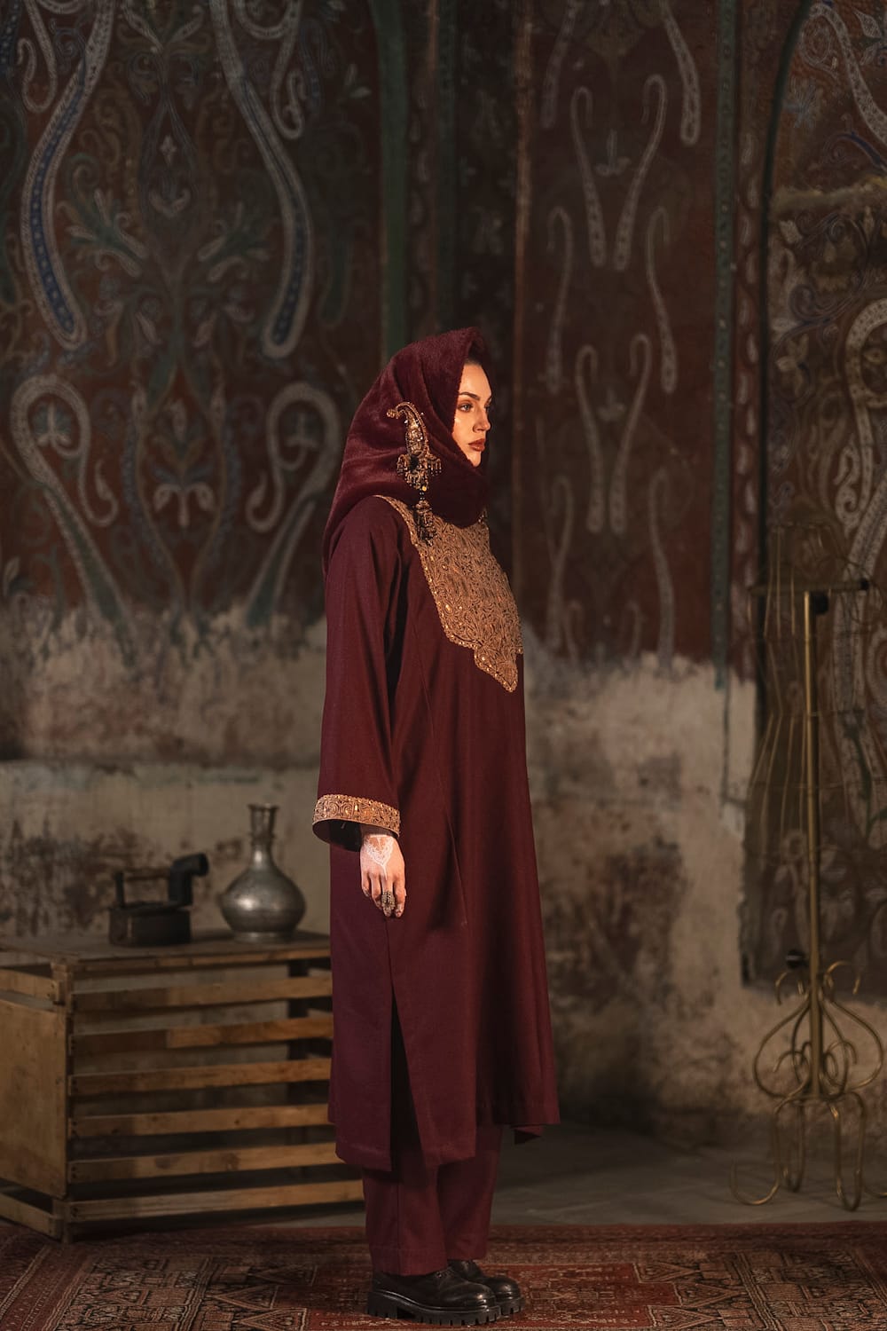 Maroon Tilla and Hand Embroidered Pheran Pants
