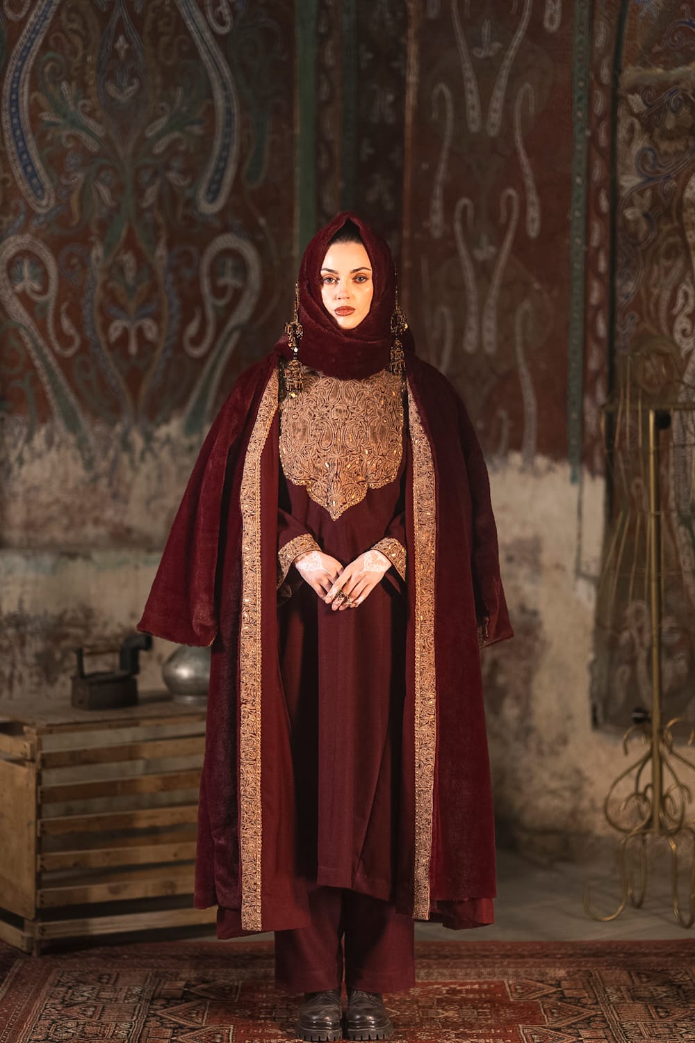 Maroon Tilla and Hand Embroidered Reversible Cape