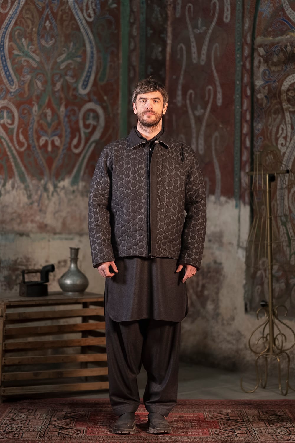 Carved Quilt Grey : Wool kurta Salwar Ari Embroidered Jacket