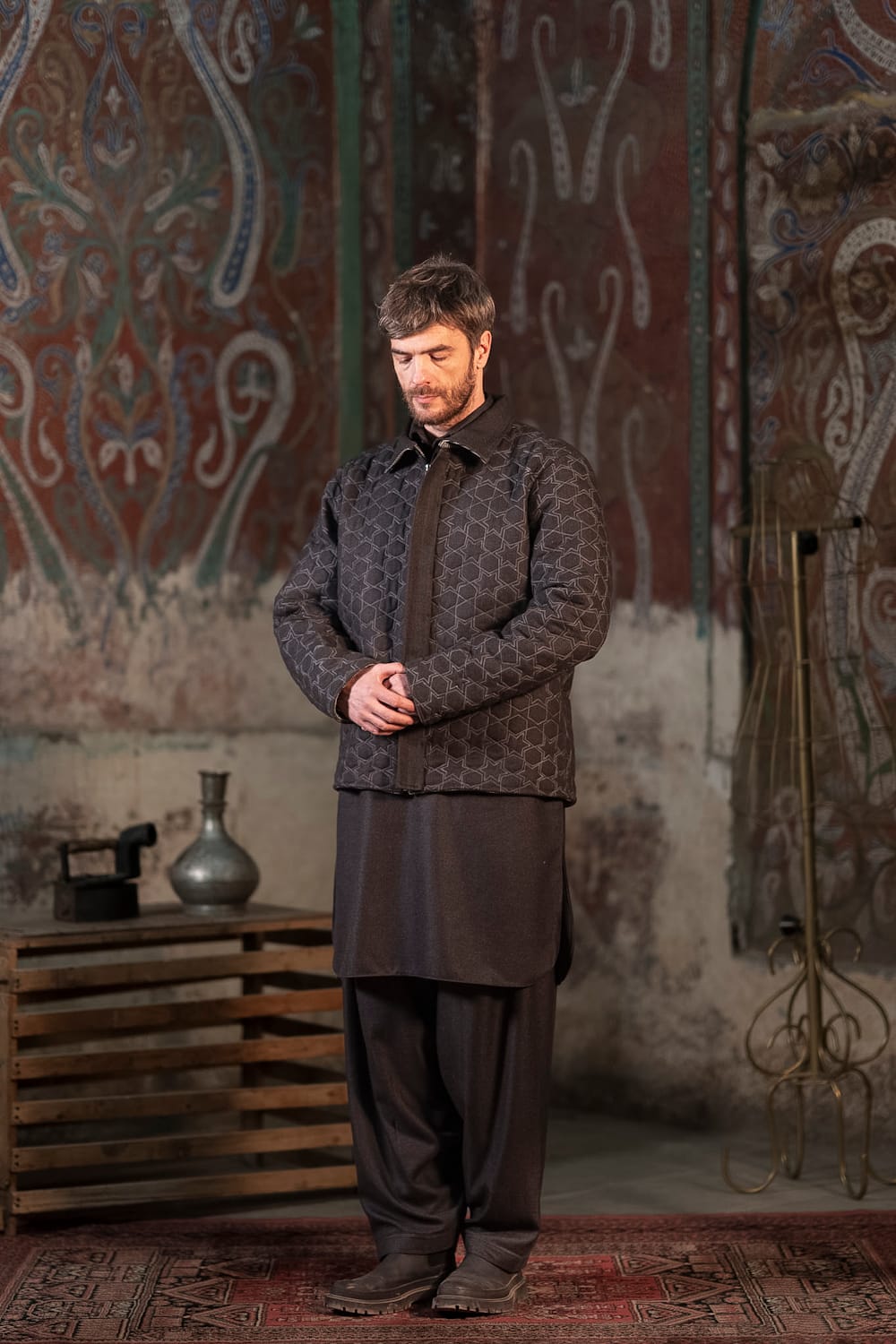 Carved Quilt Grey : Wool kurta Salwar Ari Embroidered Jacket