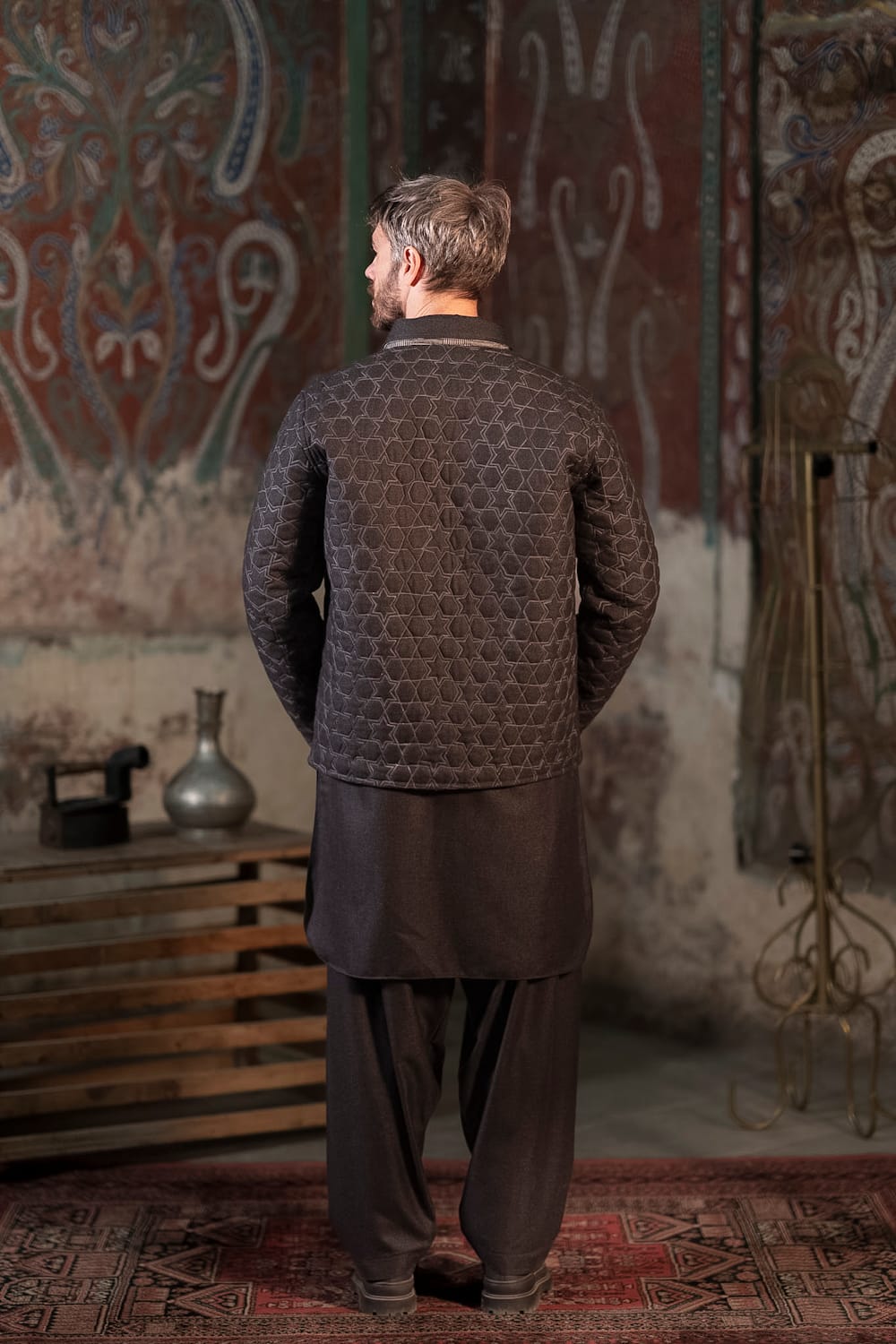 Carved Quilt Grey : Wool kurta Salwar Ari Embroidered Jacket