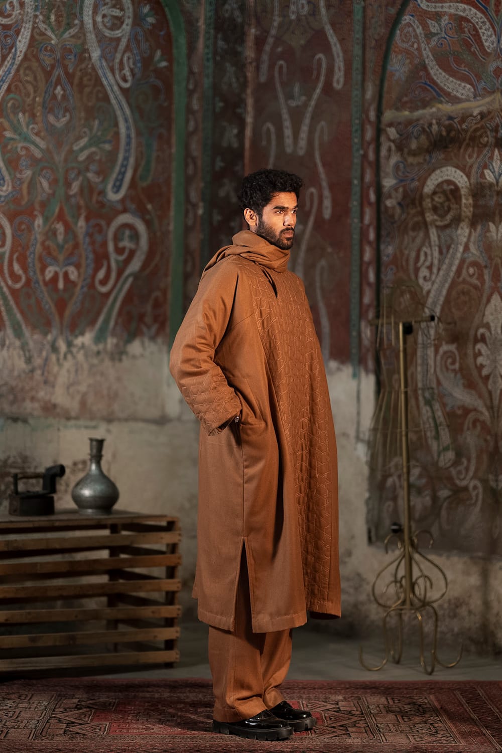 Amber Ember : Brown Ari Embroidered Pheran Pants