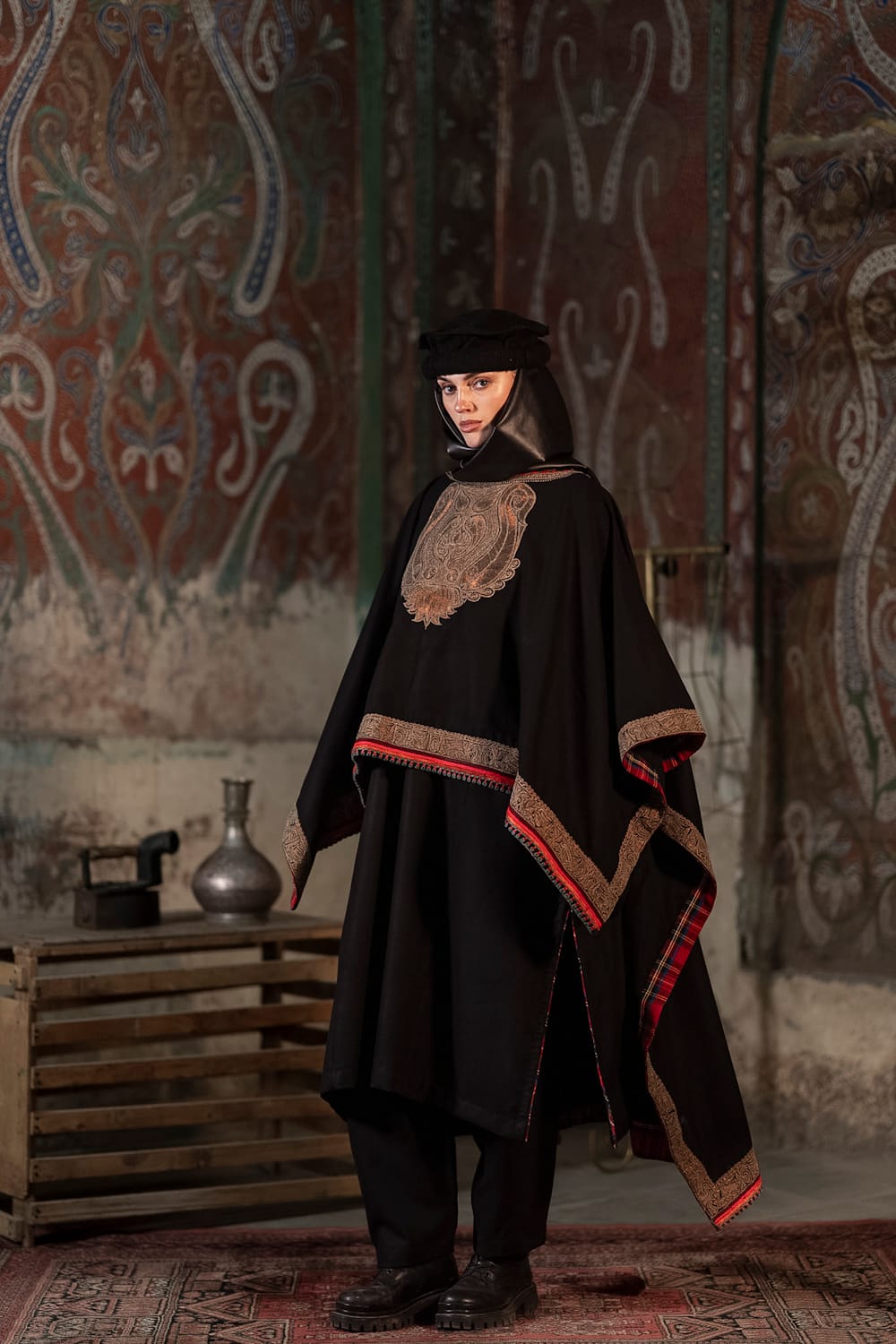 Piscean Pair Noir: Black Wool Tilla Embroidered Cape