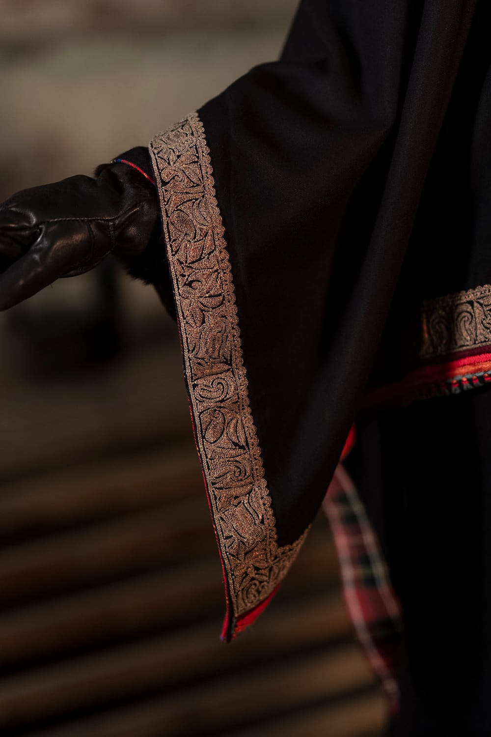 Piscean Pair Noir:Black Wool Pheran Pants Tilla Embroidered Cape