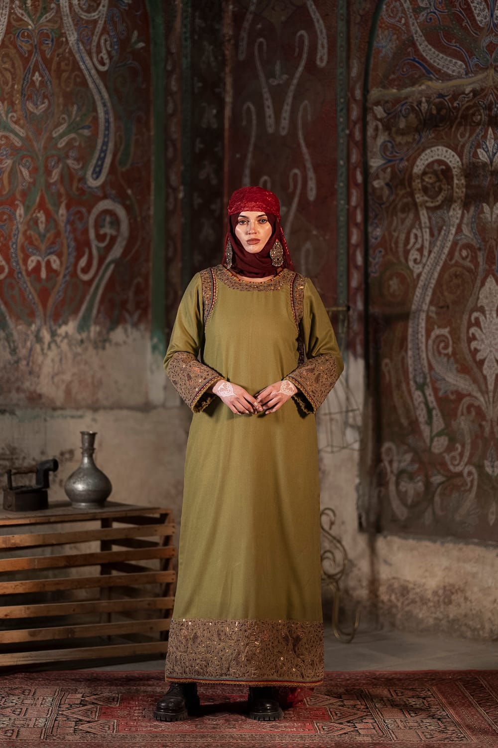Green Tilla and Hand Embroidered Longline kurta Salwar Stole