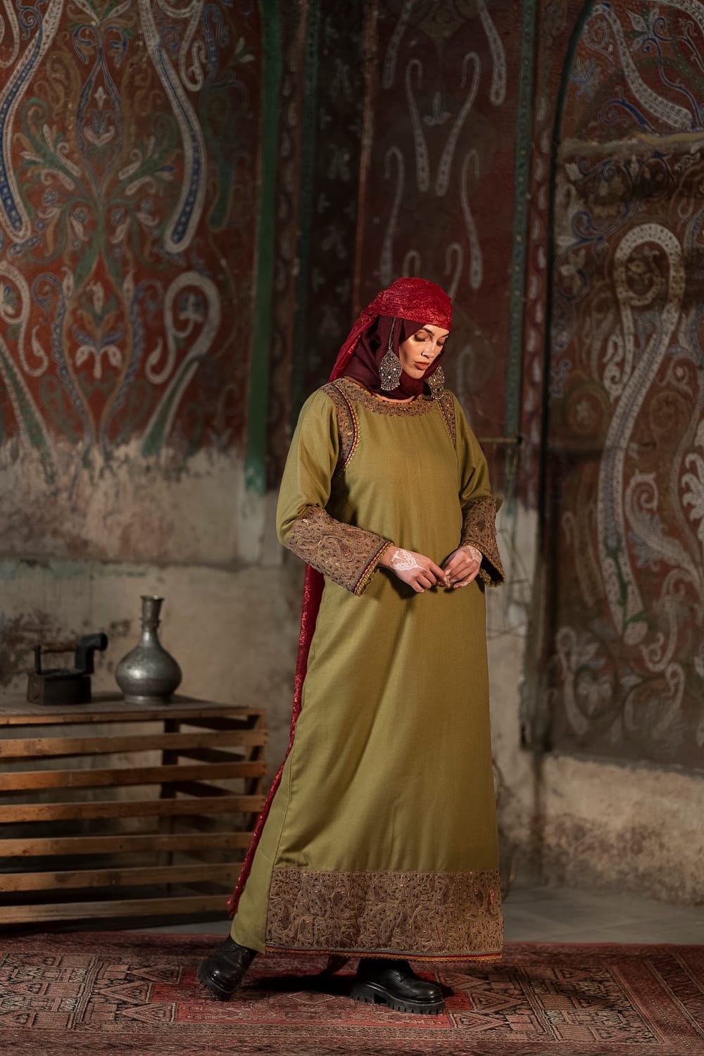 Green Tilla and Hand Embroidered Longline kurta Salwar Stole