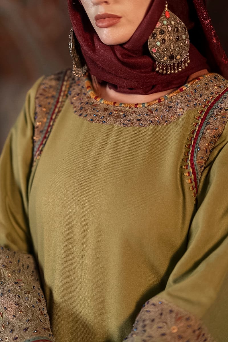 Green Tilla and Hand Embroidered Longline kurta Salwar Stole