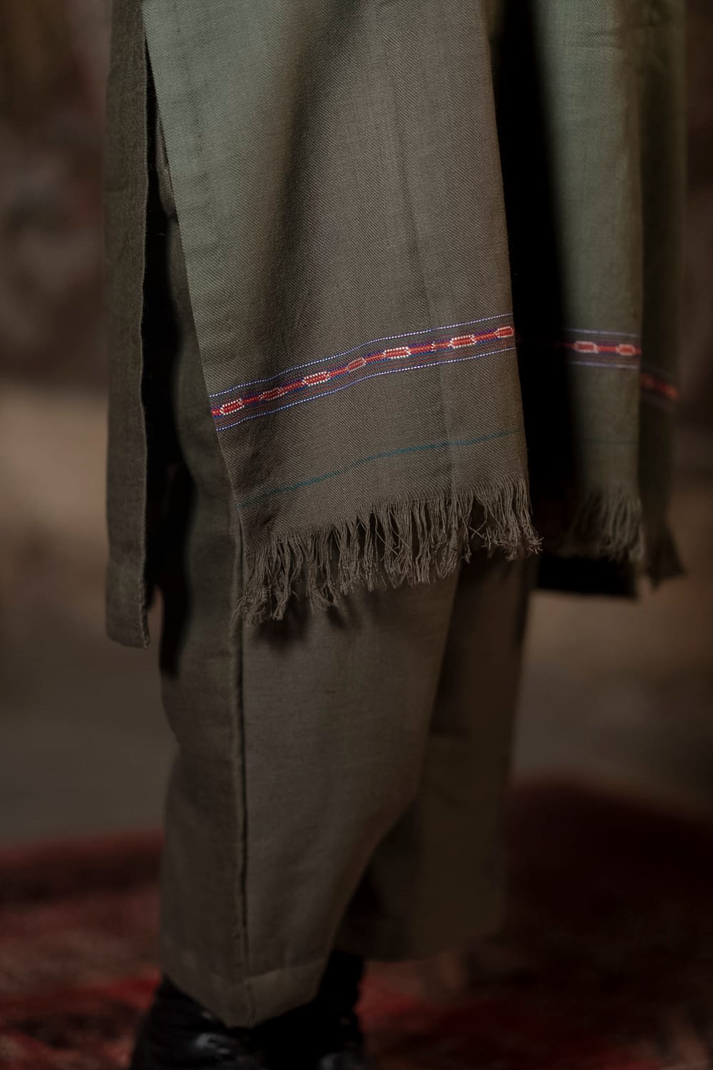 Olive Wool Pheran Pants Stole