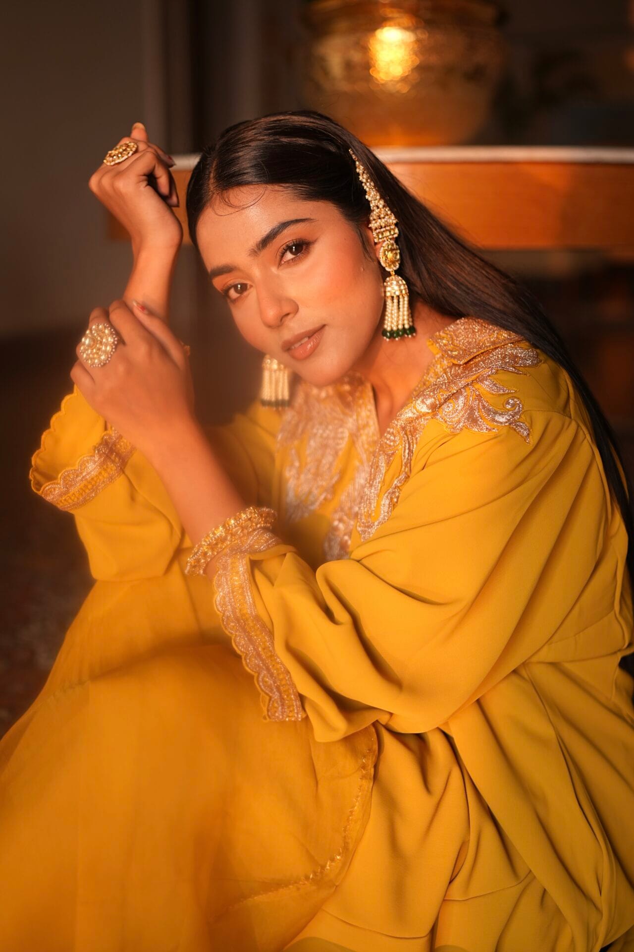 Mustard Tilla Embroidered Pheran Salwar Organza Dupatta