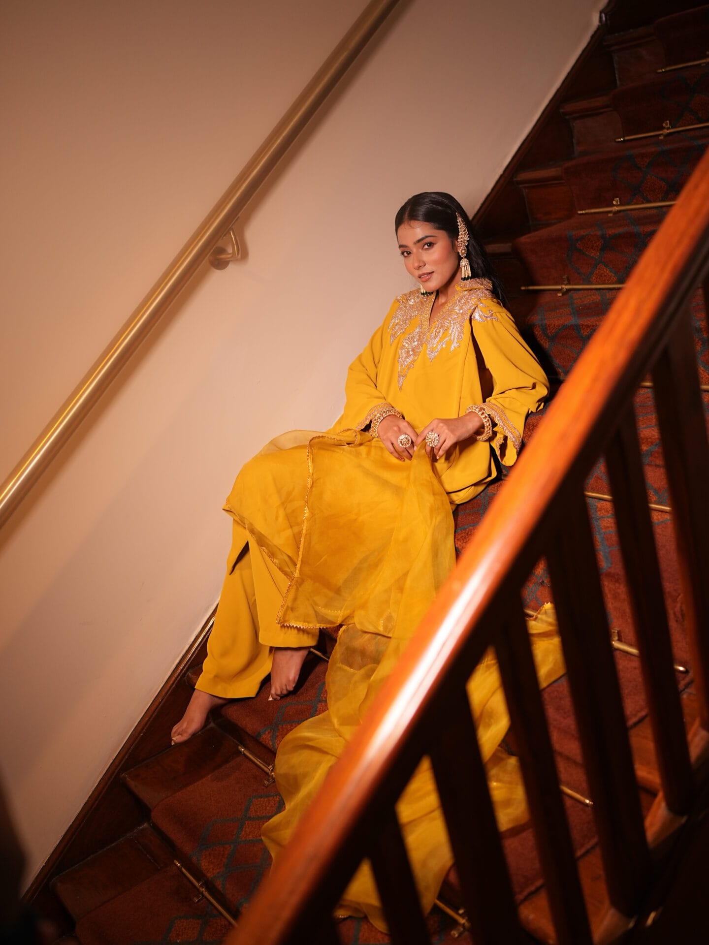 Mustard Tilla Embroidered Pheran Salwar Organza Dupatta