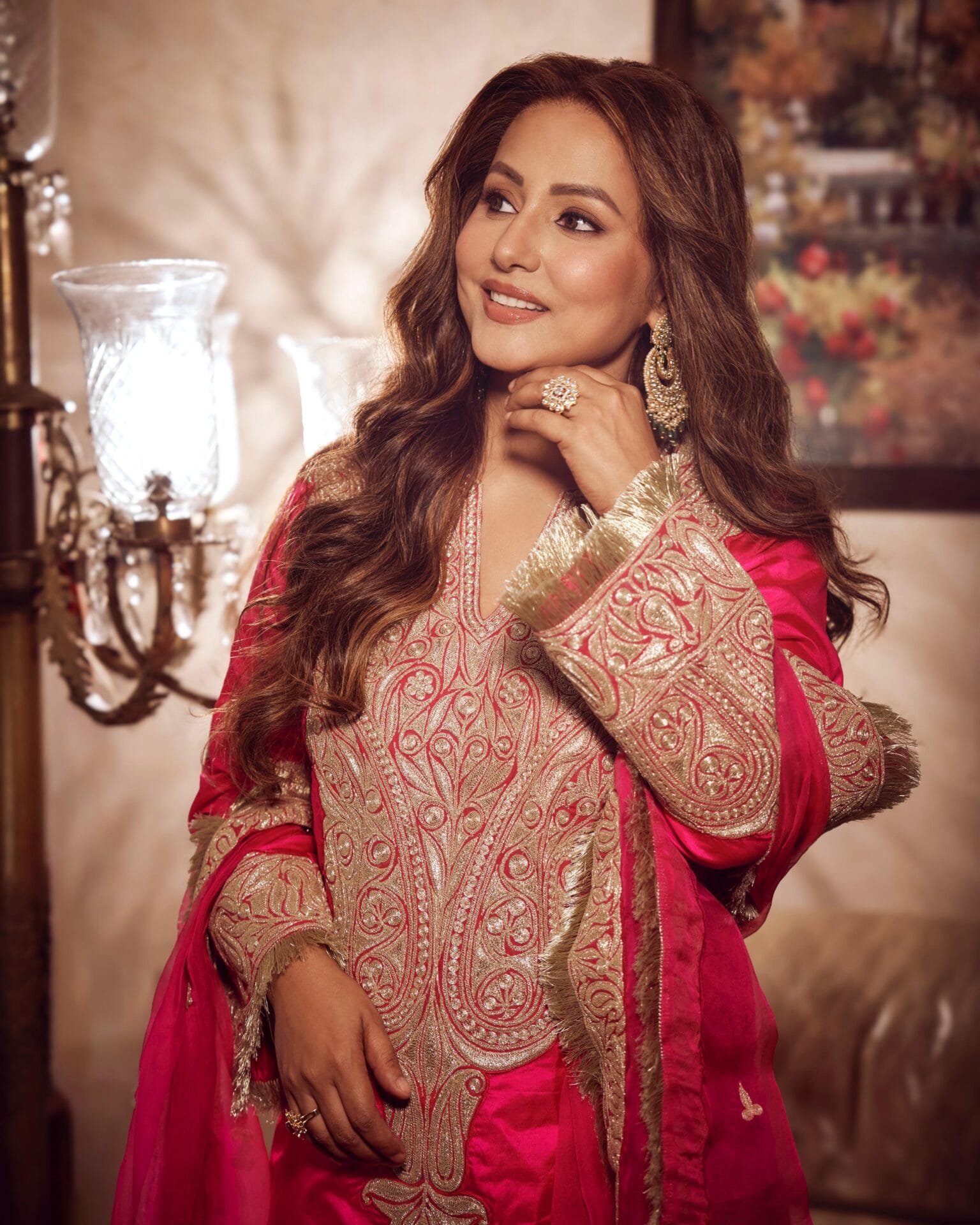 Hot Pink Tilla Embroidered Kurta Salwar Organza Dupatta