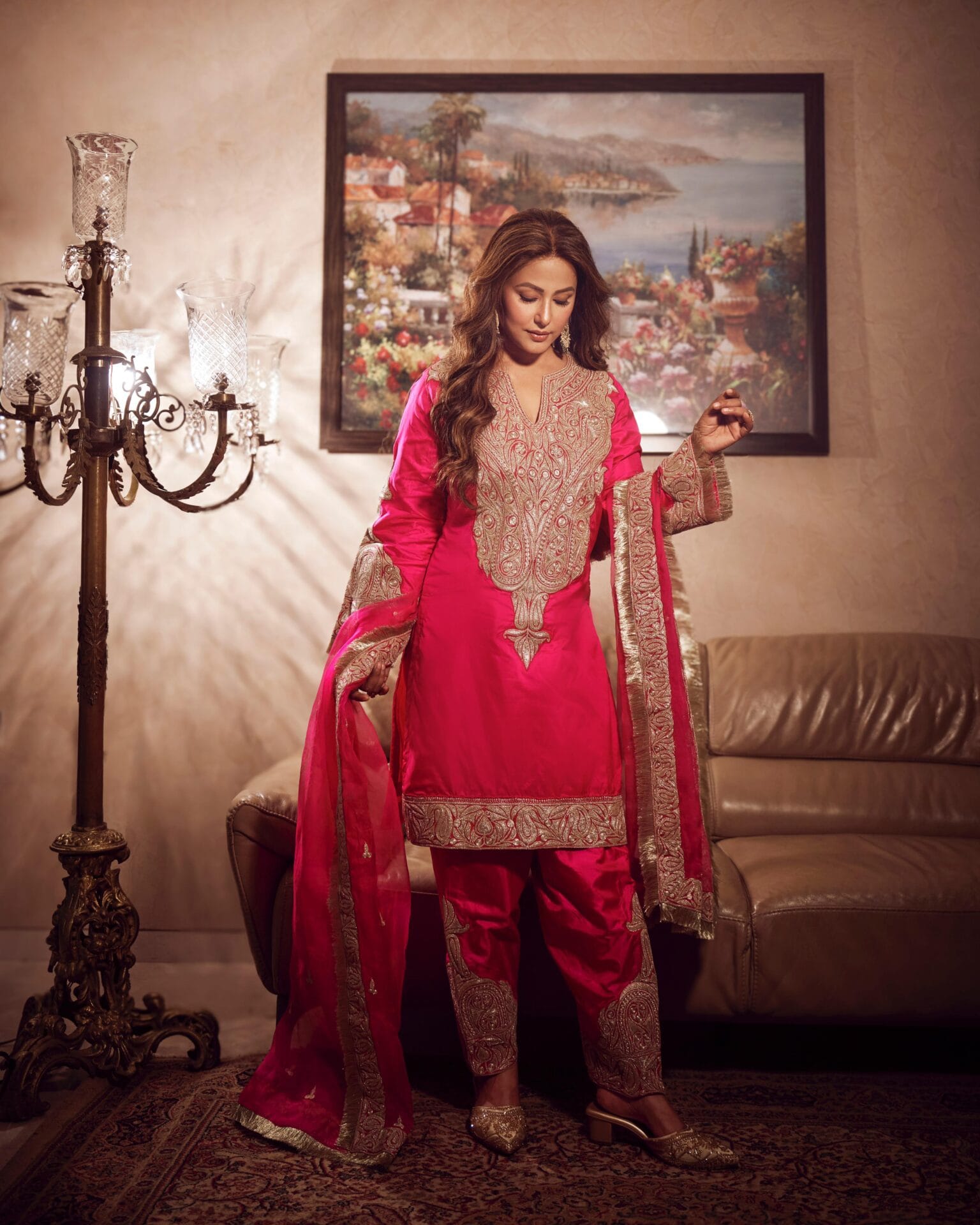 Hot Pink Tilla Embroidered Kurta Salwar Organza Dupatta
