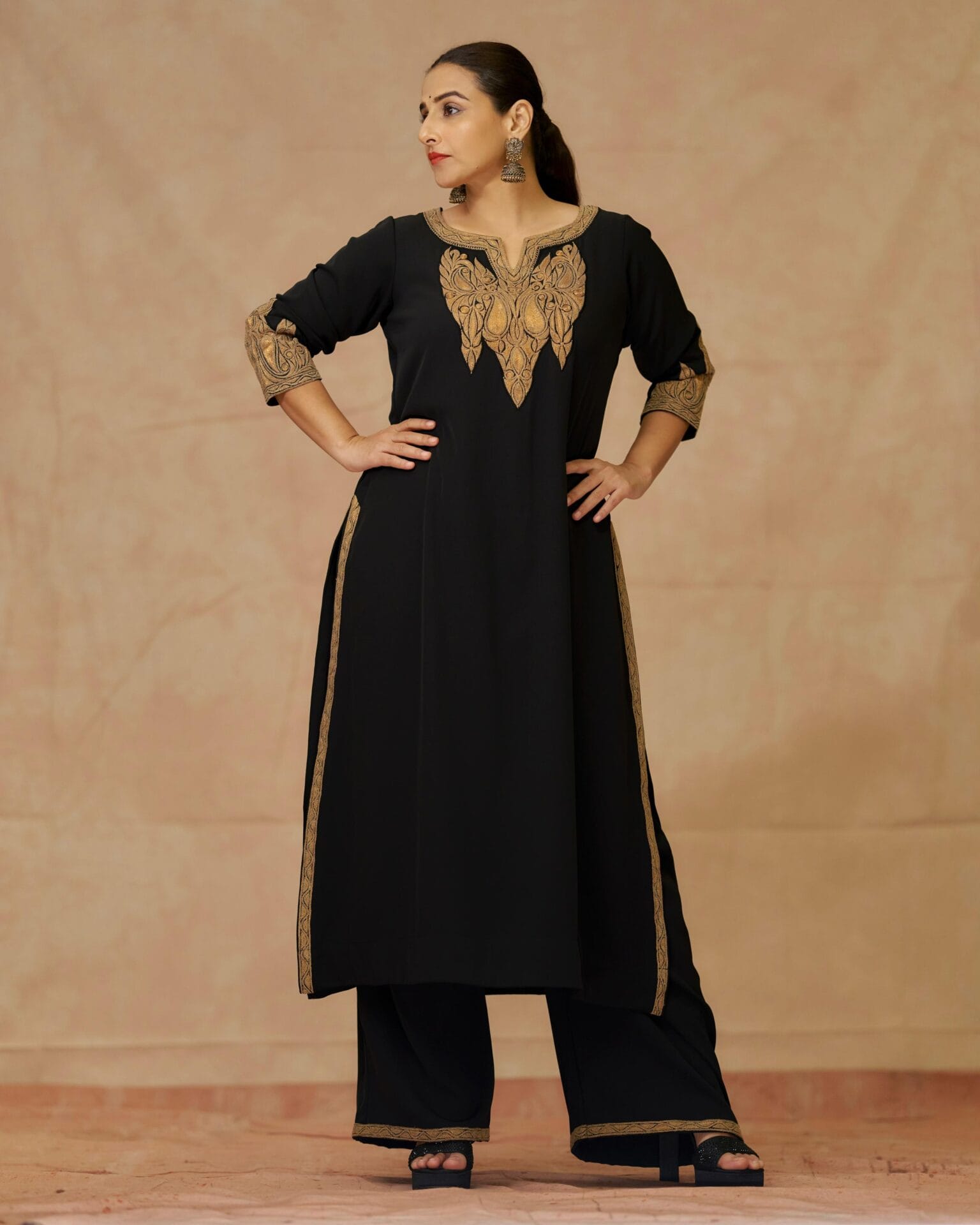 Vidya Balan in Black Tilla Embroidered Kurta Pallazo