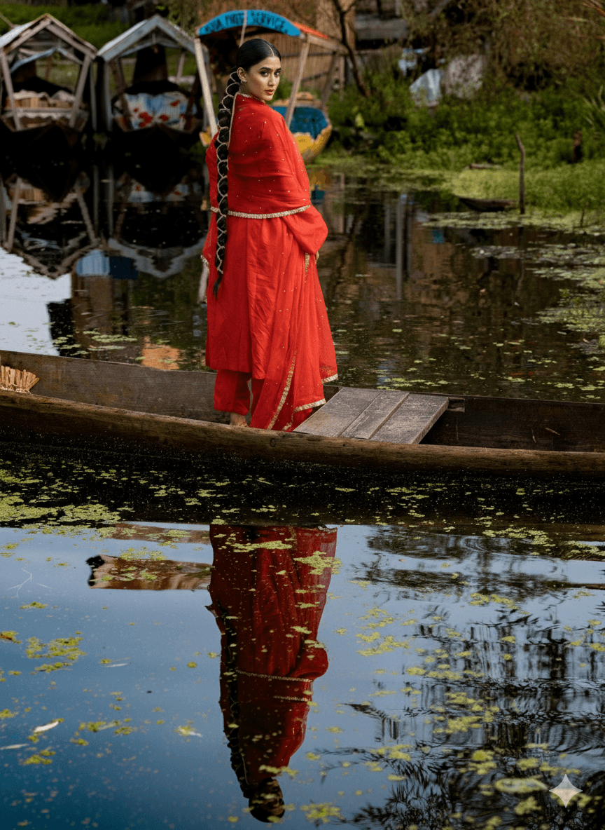 Red Pheran Salwar Organza Mukaish Dupatta
