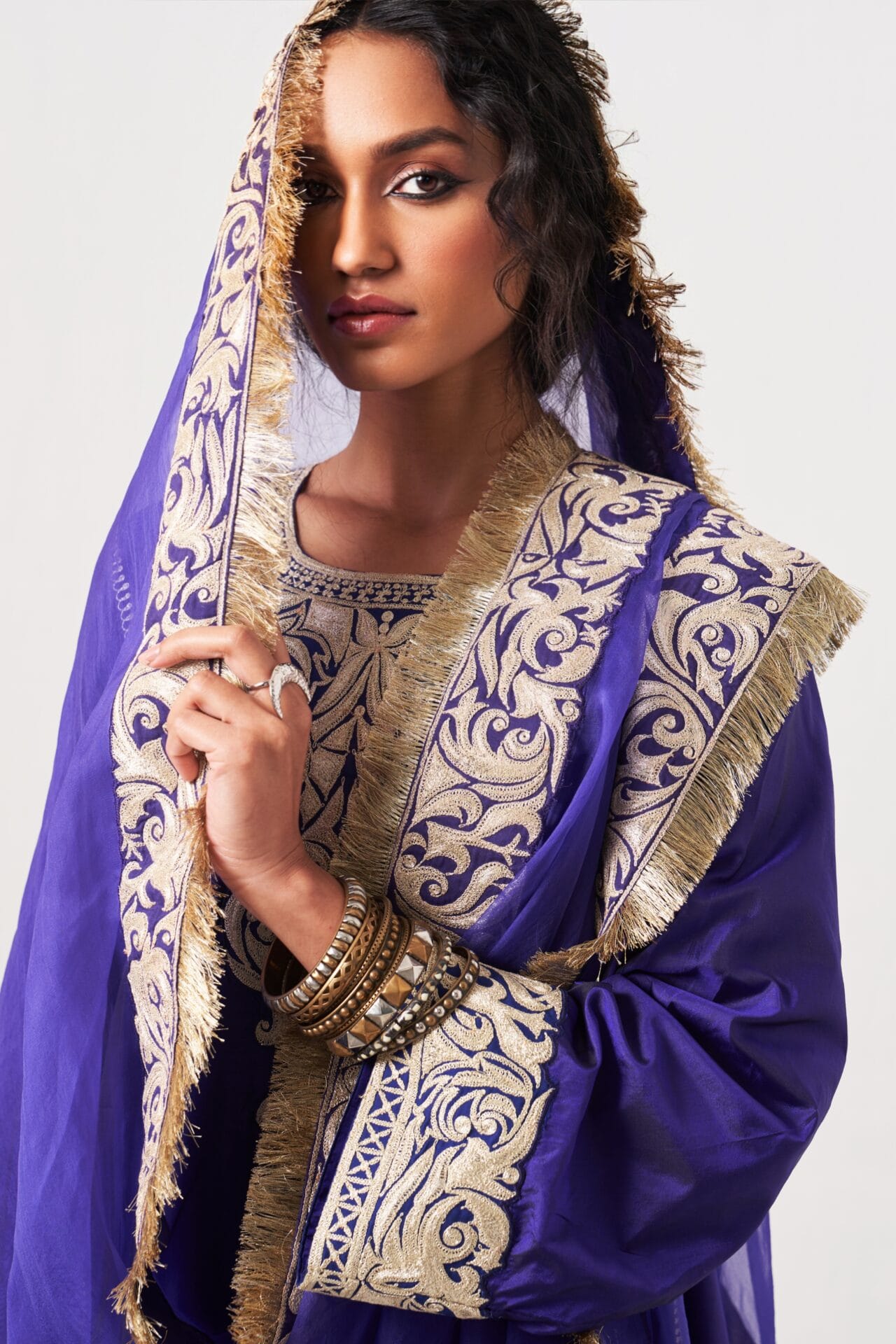 Persian Blue Tilla Embroidered Pheran Salwar Organza Dupatta