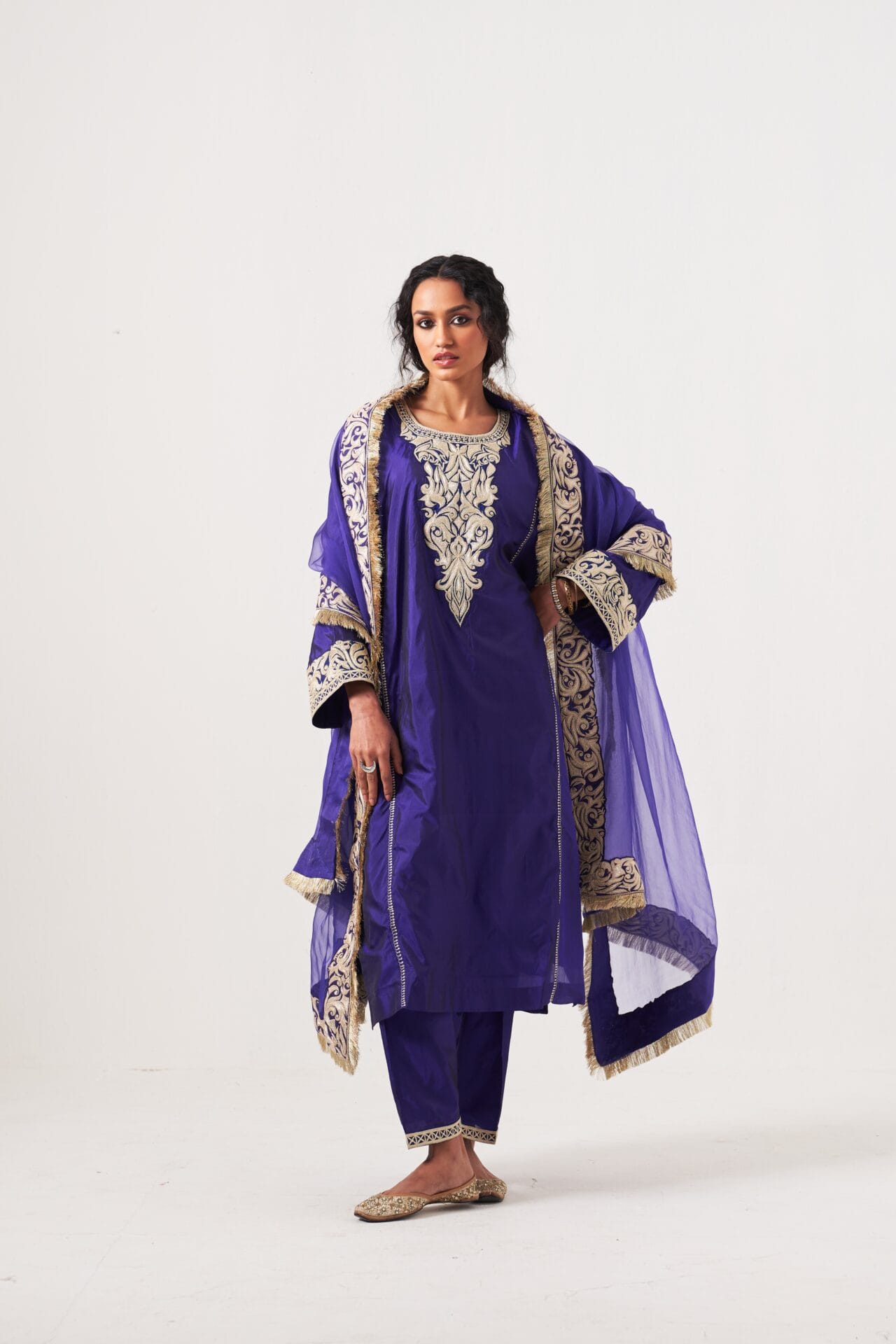 Persian Blue Tilla Embroidered Pheran Salwar Organza Dupatta