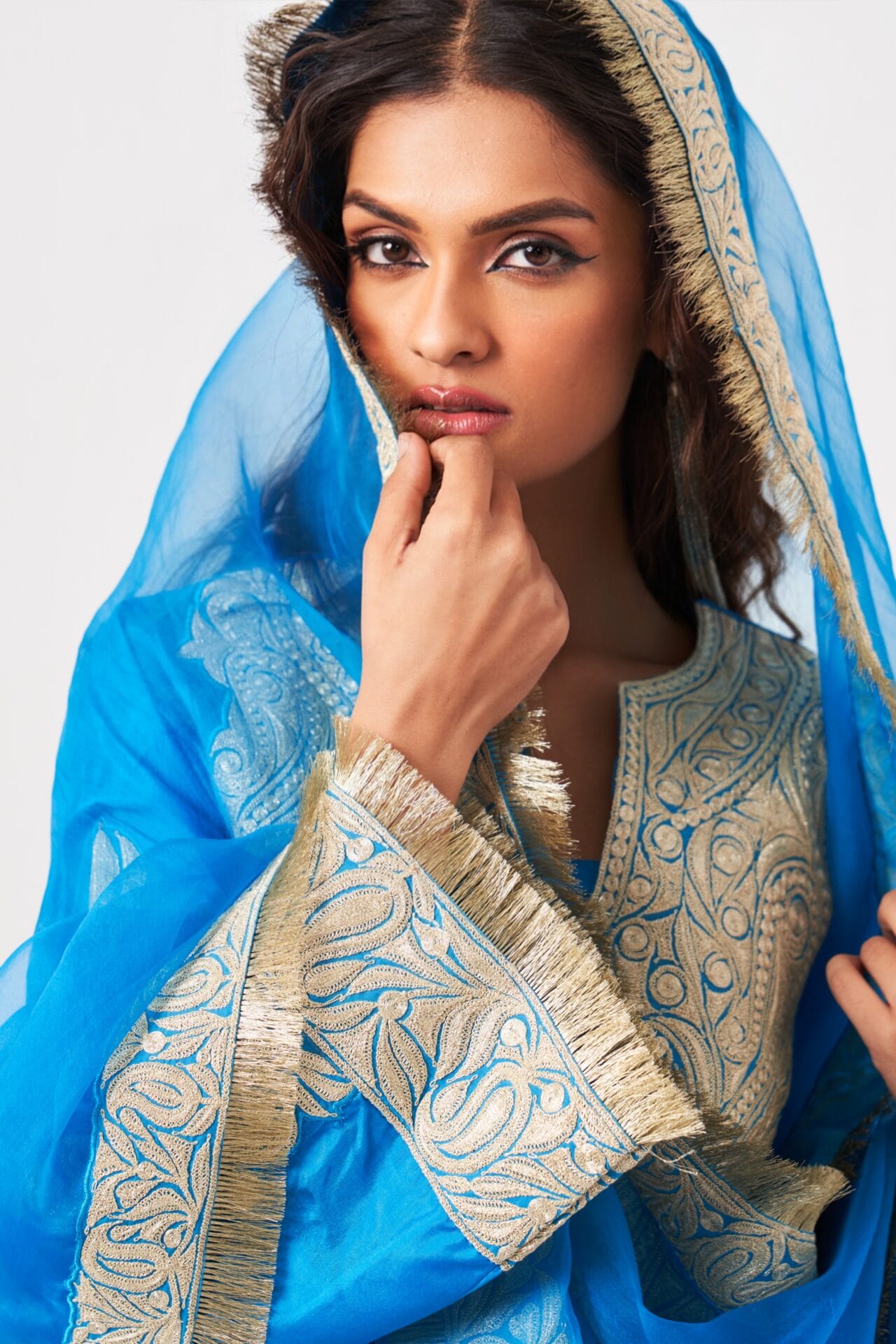 Sky Blue Tilla Embroidered Kurta Salwar Organza Dupatta