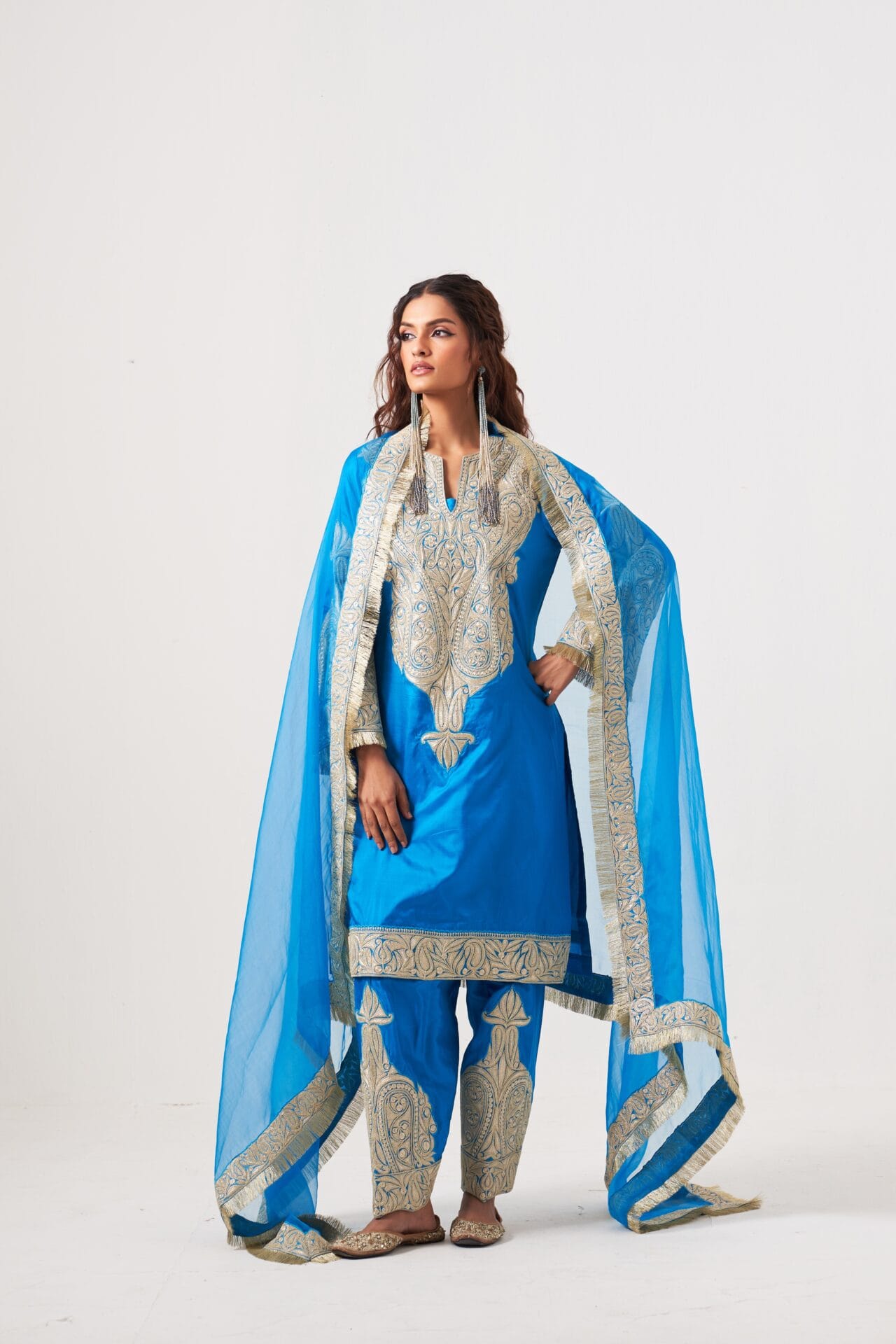 Sky Blue Tilla Embroidered Kurta Salwar Organza Dupatta